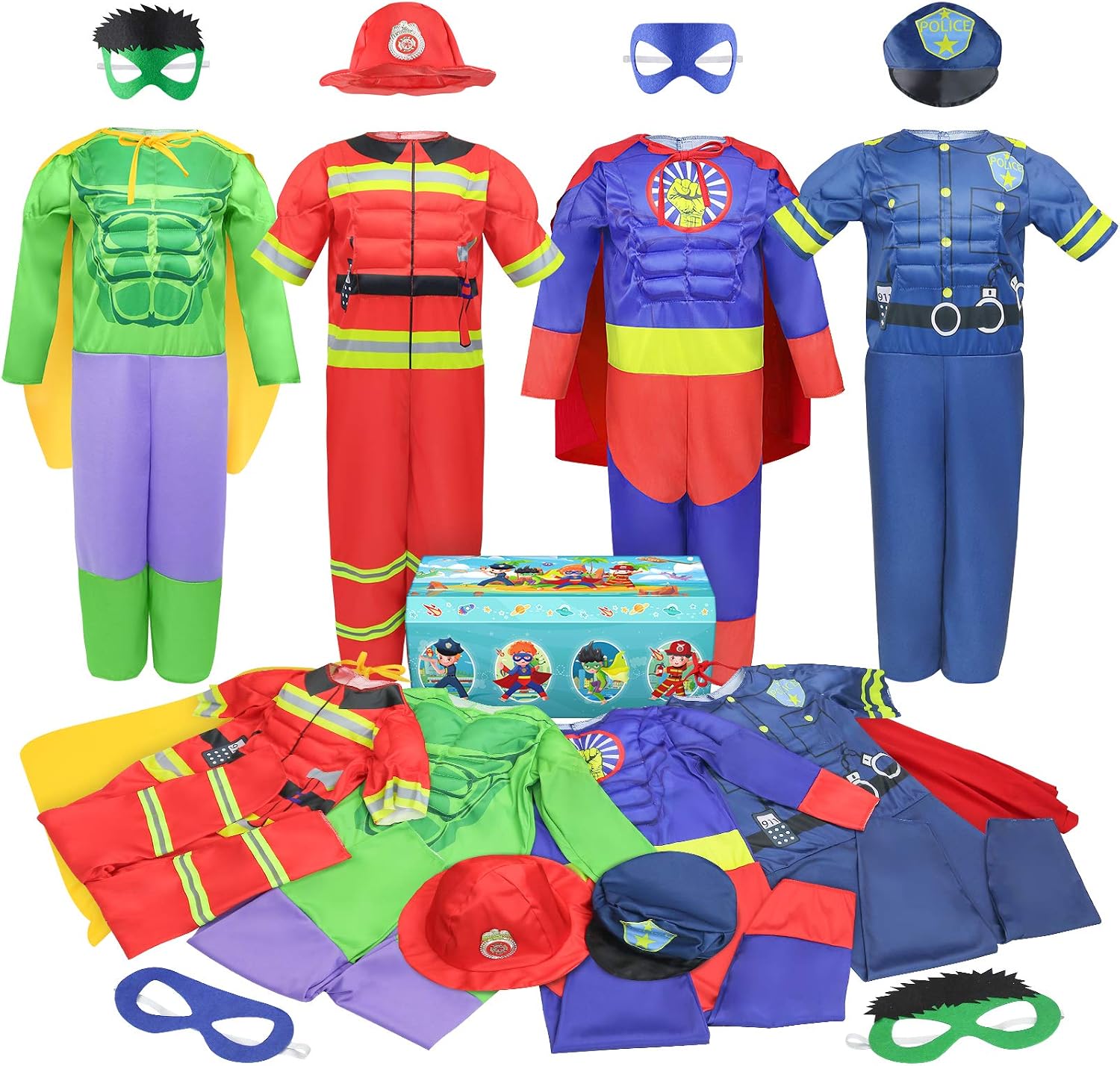 Boys Muscle Chest Dress up Costumes Trunk with Superhero Policeman Costume | Kids Pretend Role Play Costumes Set, Boys Dress Up Costumes for Play, Toddler Boys Dress up Clothes for Kids Ages 3 4 5 6 7