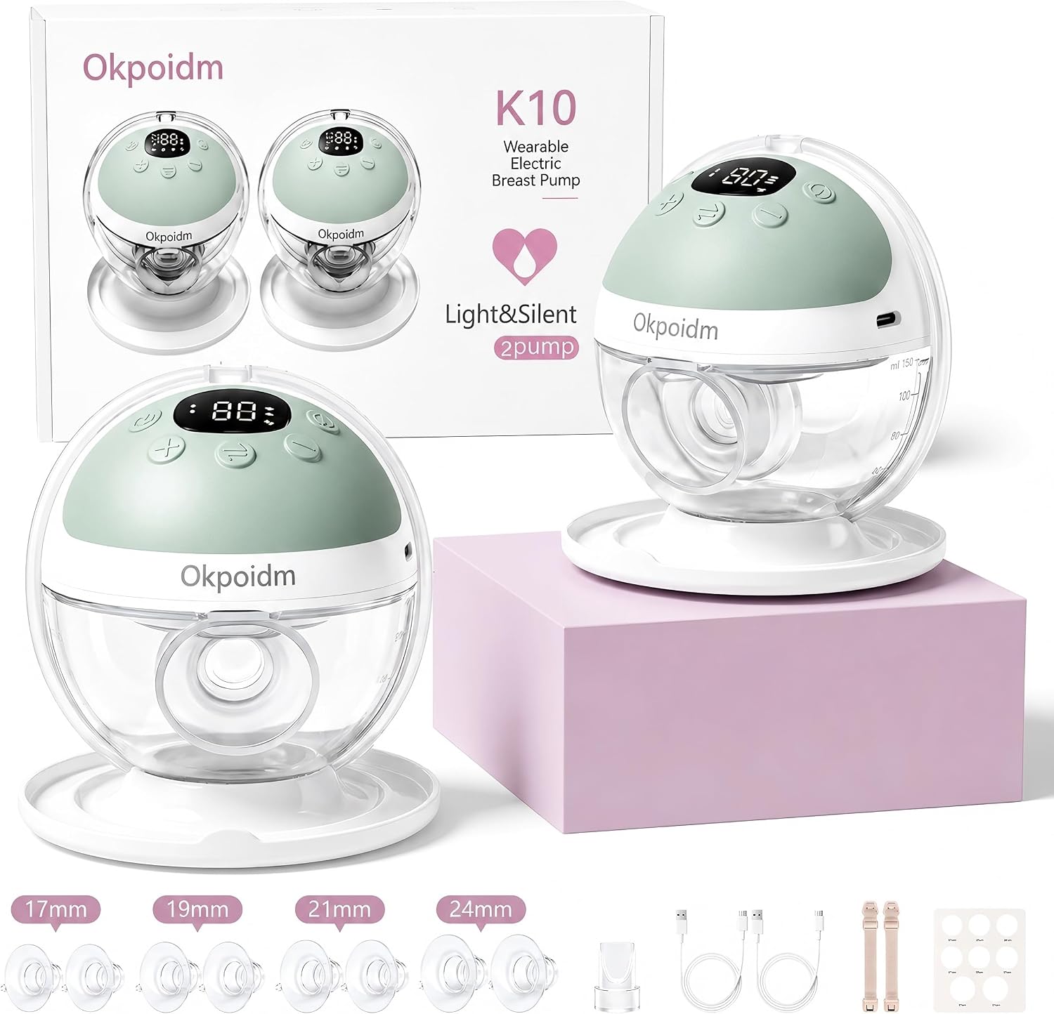 Wearable Breast Pump, OKPOIDM Hands-Free Electric, Portable, 2 Pack | 310mmHg Suction, 4 Modes 12 Levels, Bionic Rhythm, 5 Flange Sizes, 40dB Quiet, BPA-Free, Leakproof, Anti-Backflow, USB-C