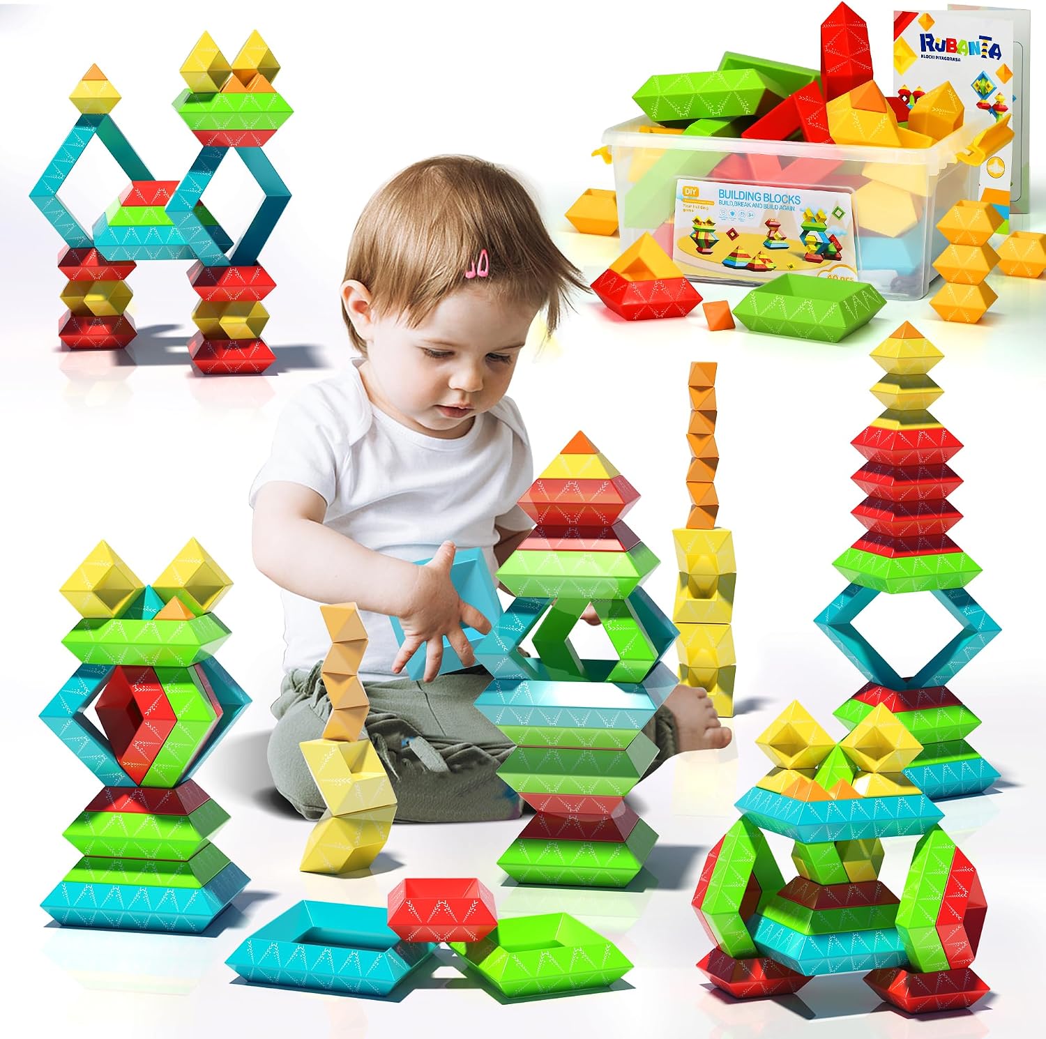 40Pcs Building Blocks Toys for Ages 3 4 5 6 Toddlers,Pyramid Stacking Toys,3D Montessori Preschool Learning Blocks for Kids,STEM Sensory Toy Gifts for 2-4 Years Old Boys Girls,Plastic Storage Box Set