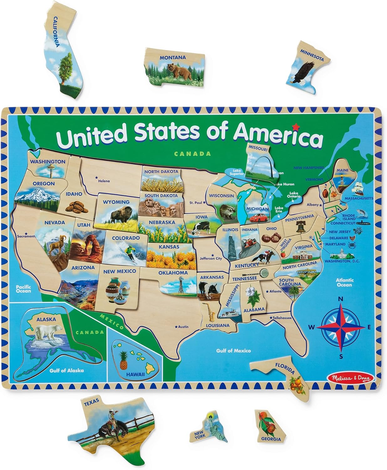 Melissa & Doug USA Map Wooden Puzzle (45 pcs) | 46 Piece Set, Wooden Puzzle Board With State Capitals, 45 State Pieces, Geography Learning Toys for Kids, Ages 5+