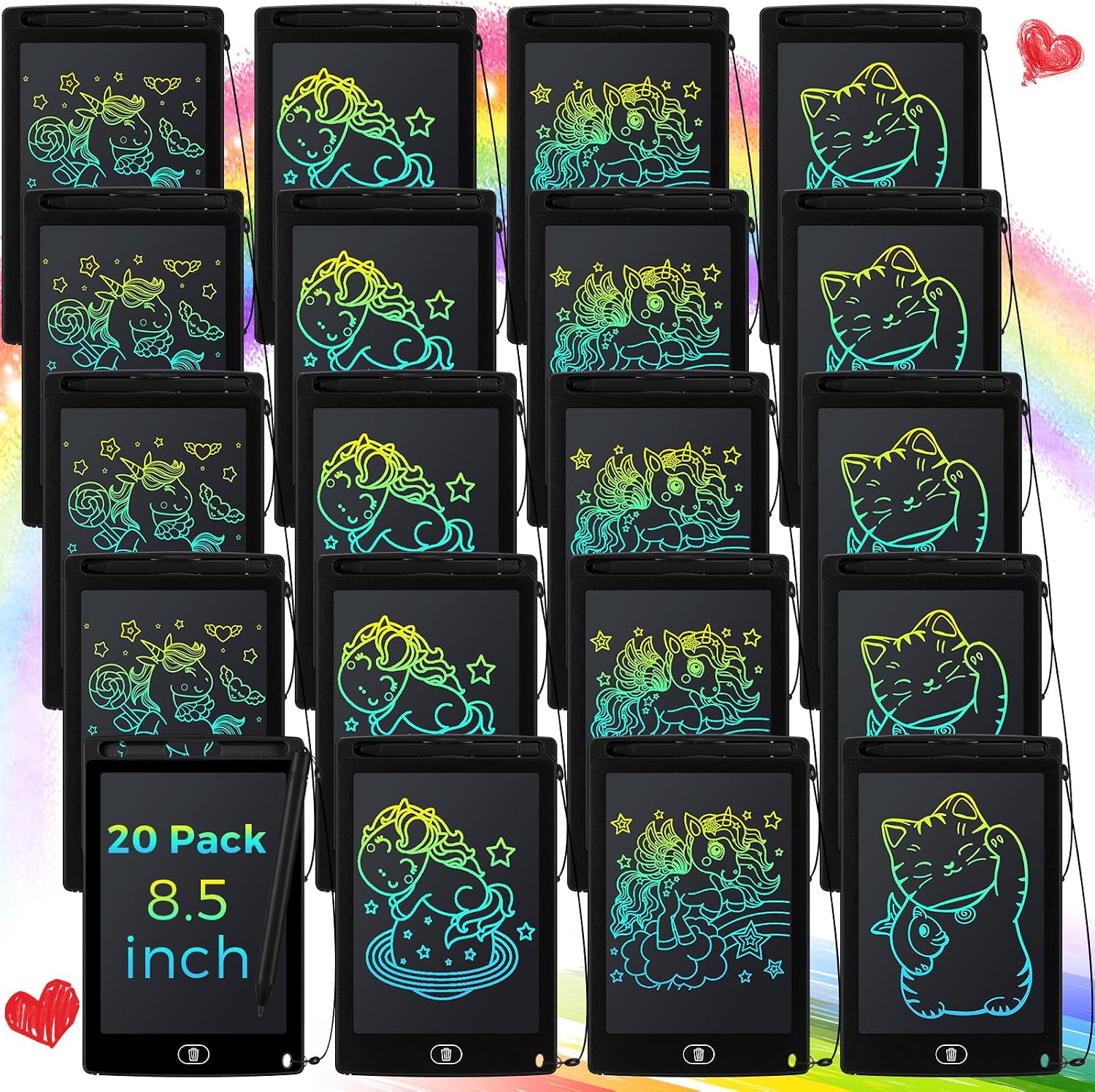 Zhehao 20 Pack 8.5 Inch LCD Writing Tablet Drawing Board,Black,Cute | Reusable Erasable Doodle Pads for Kids Ages 3-8, Educational Toys Bulk, Party Favor Games, LCD Drawing Activities