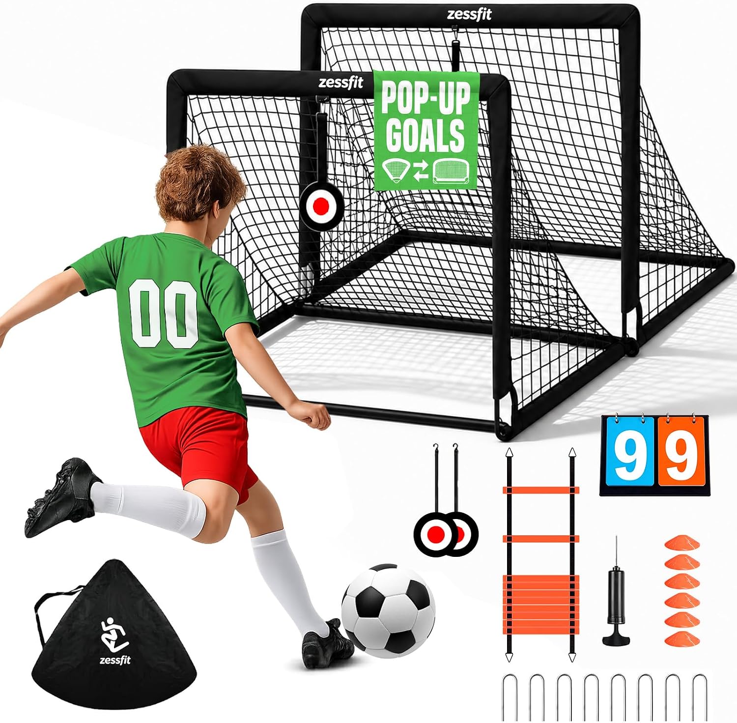 Kids Soccer Goal Set for Backyard, Portable Soccer Nets Set of 2 with Soccer Ball, Scoreboard, Agility Ladder, Cones and Target Nets, Indoor Outdoor Soccer Training Equipment for Boys and Girls