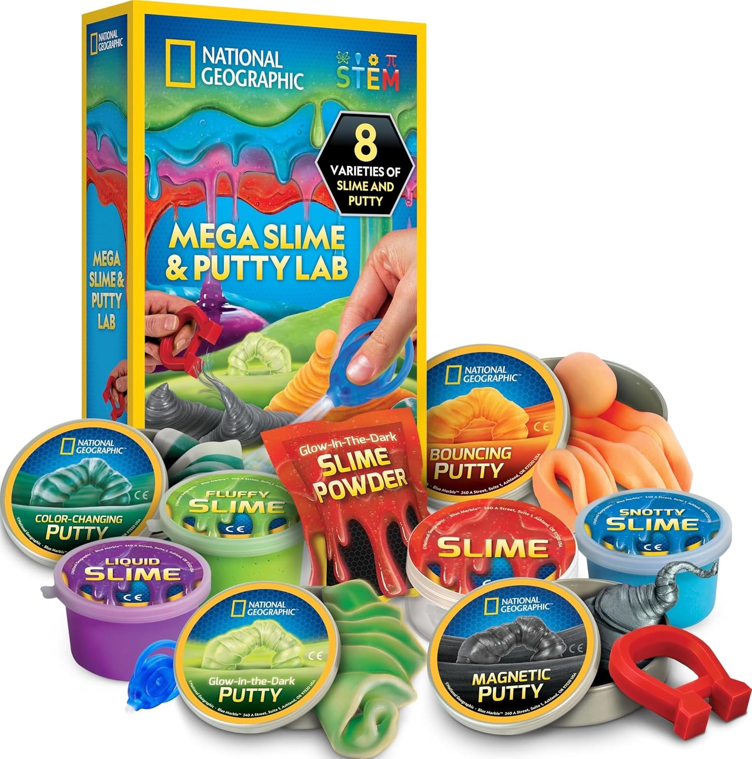 NATIONAL GEOGRAPHIC Mega Slime Kit & Putty Lab – 4 Types of Slime Plus 4 Types of Putty Including Magnetic, Slime Kit for Boys and Girls, Sensory Toy & Science Kit | 4 Slimes and 4 Putties, Magnetic and Glow-in-the-Dark Varieties, Science Toy for Kids, Storage Tins, Birthday Gift