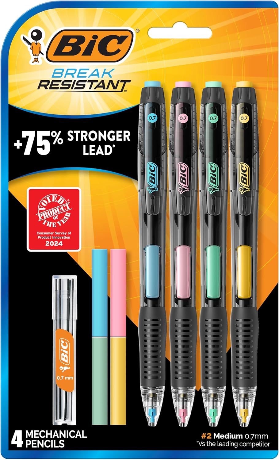BIC Break Resistant Mechanical Pencils with Erasers, 4-Count Pack | No. 2 Medium Point (0.7mm), Ideal for School or Office Supplies, Break-Resistant Lead, Includes Lead and Eraser Refills