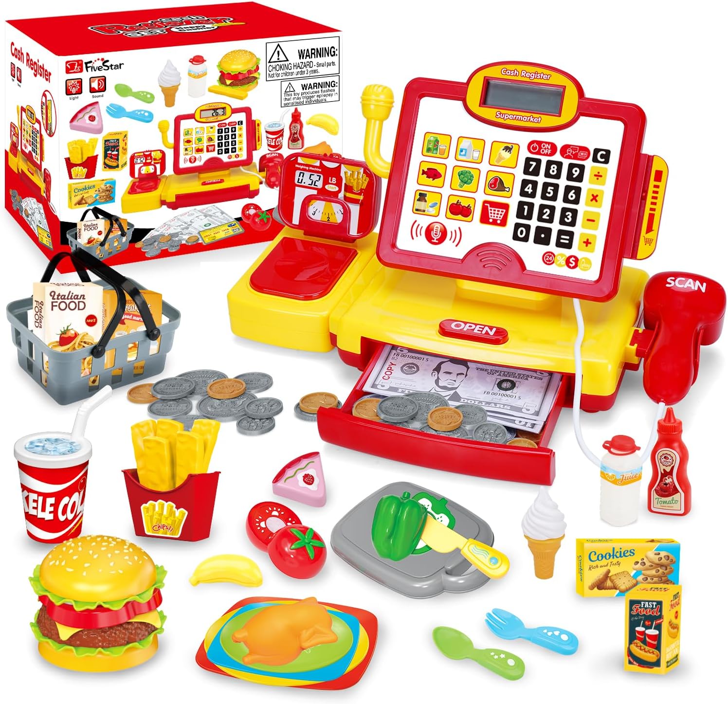Toy Cash Register for Kids with Scanner & Play Money, Working Calculator & Microphone, Supermarket Role Play Set, Educational Math Learning Toy for Boys & Girls Ages 3-8