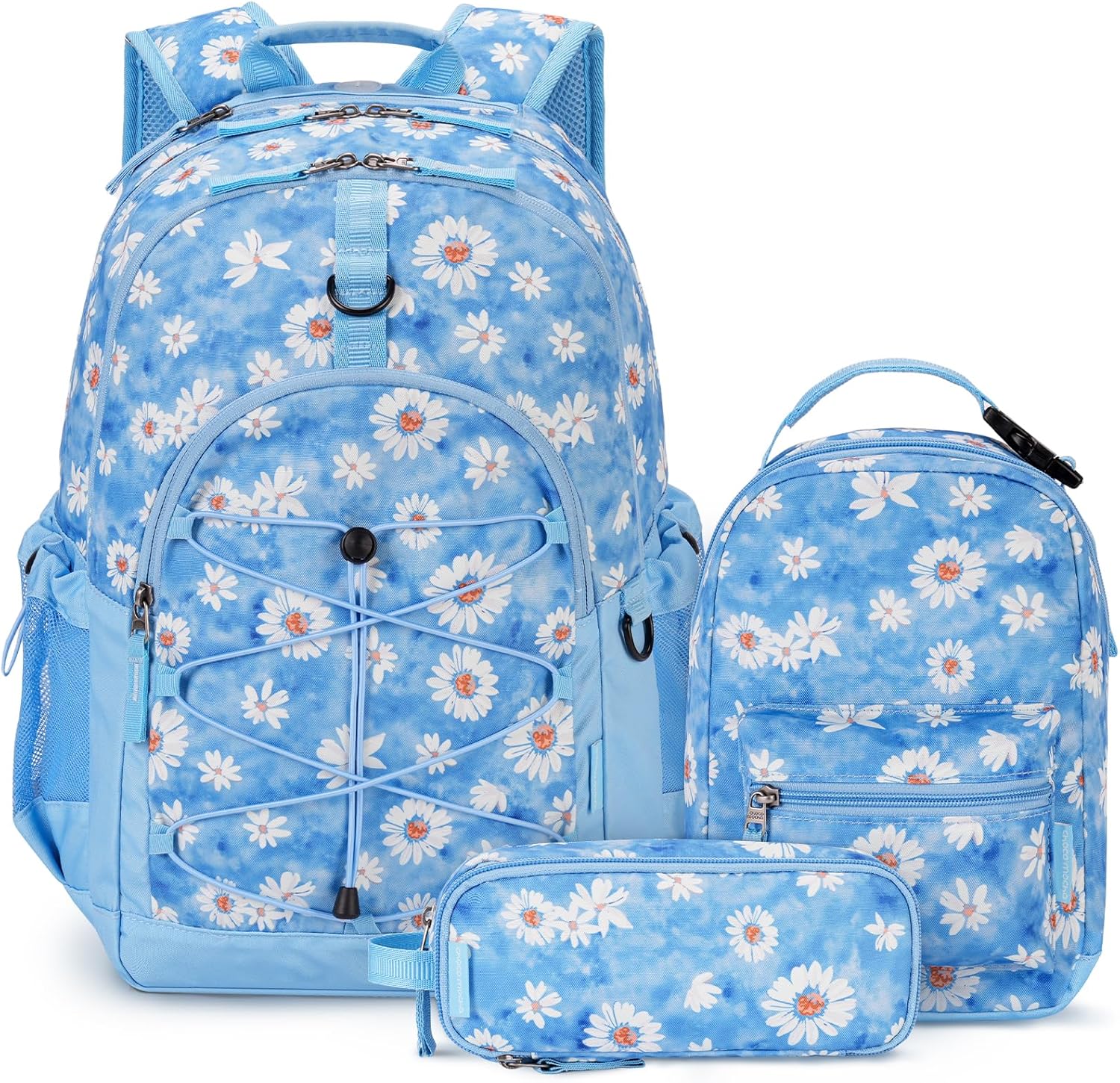 Girls School Backpack with Lunch Box, Daisy Blue Backpack Set for Teen Girls 18 Inch Backpacks, 3 Pcs