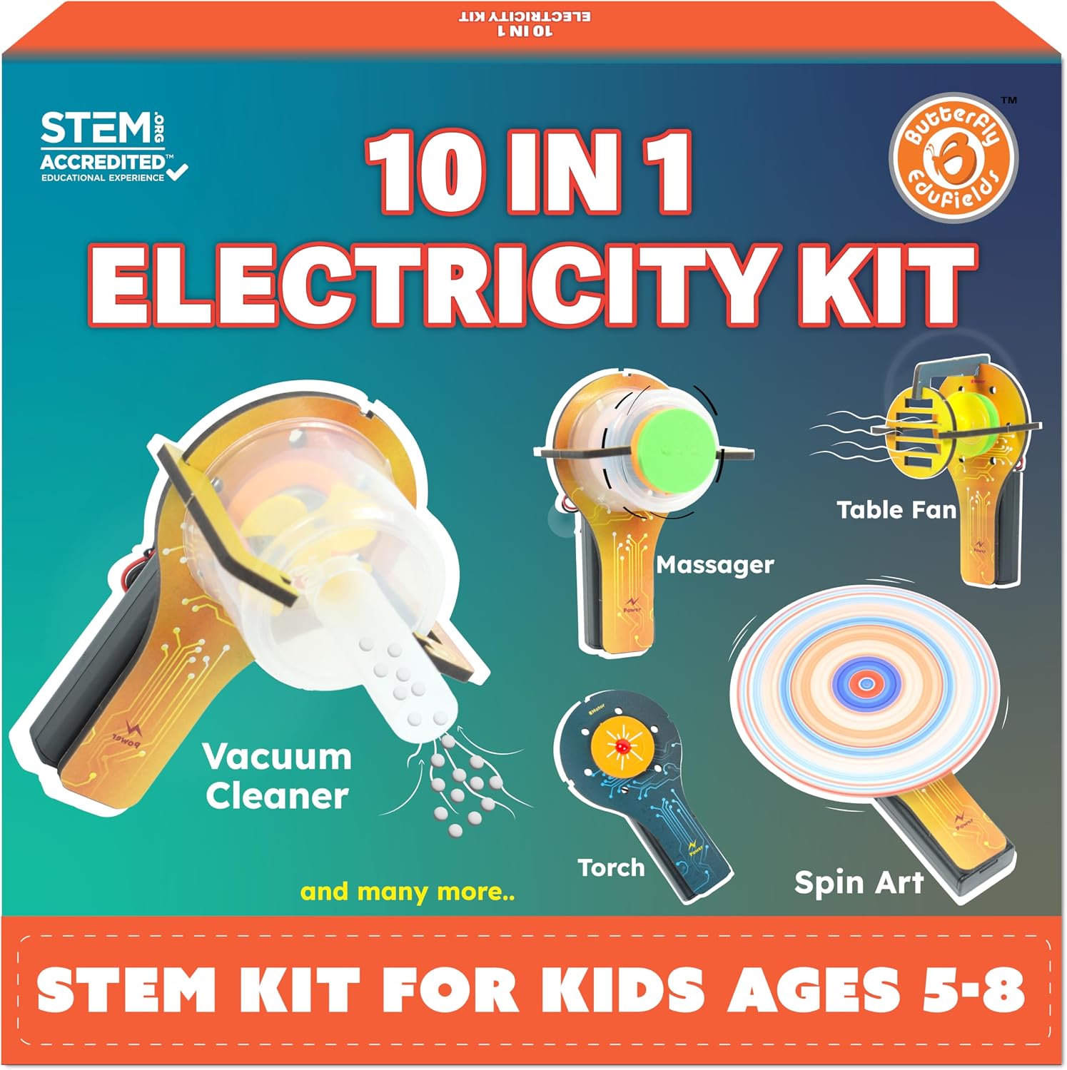 Butterfly EduFields 10in1 STEM Electricity kit for Kids 5-8-12| Science Kit | 10 STEM experiments with Engineering Building Toy, motor, and science projects for boys and girls ages 5 7 8-10 8-12