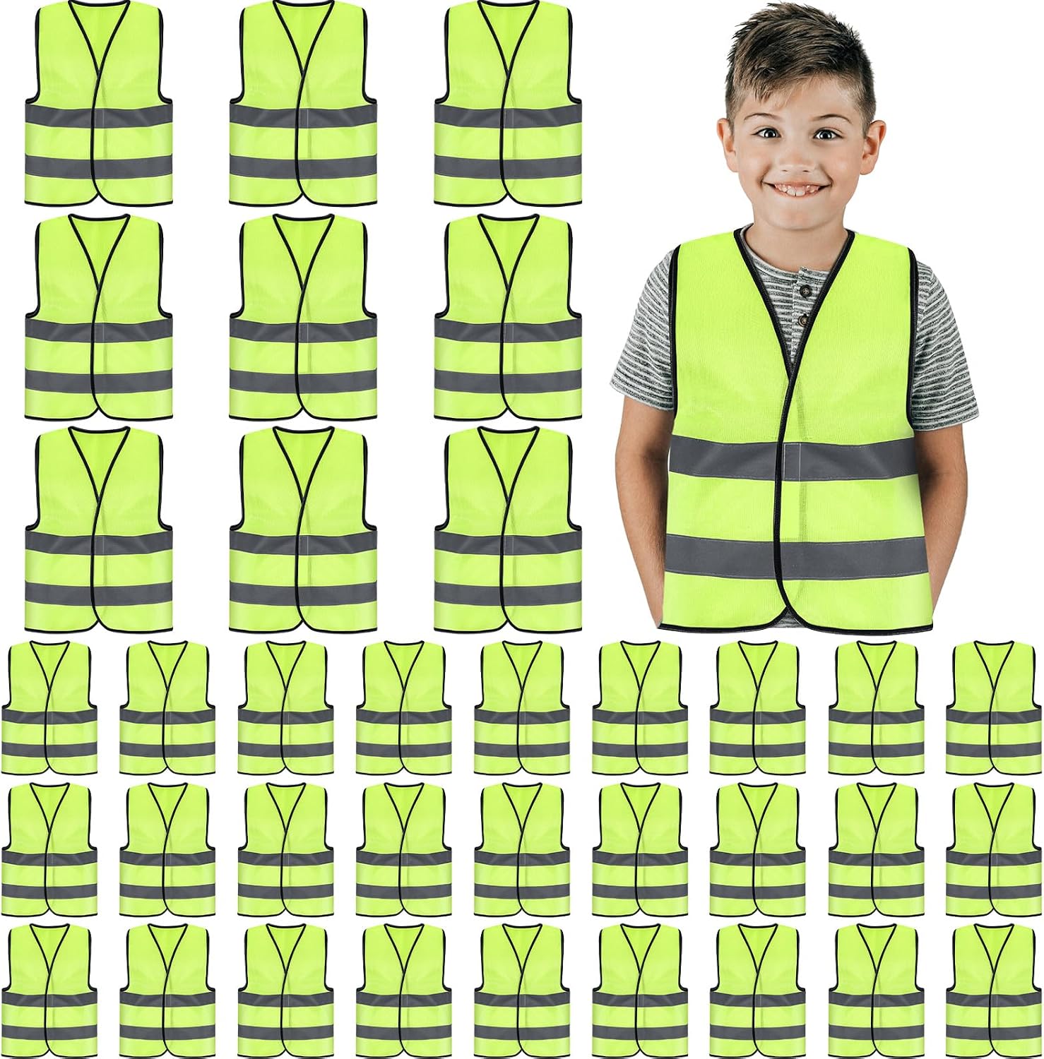 Zhanmai 40 Pcs Kids Safety Vests Bulk Reflective Construction, Yellow | High Visibility Neon Dual Reflective Strips, Breathable Mesh Child Outdoor Training, School Events Traffic Drills Groups