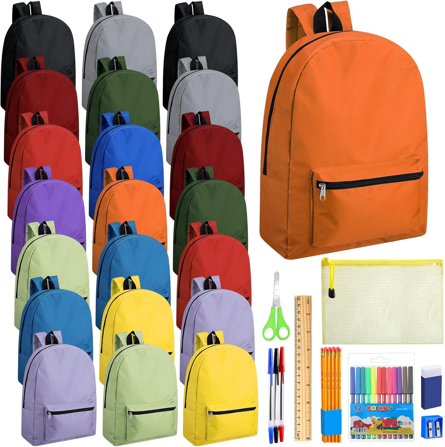 Silkfly 24 Pack 17″ Backpacks Bulk with School Supplies Kit,Multicolor | Bookbags for Kids Students with Pens Pencils Rulers Erasers Markers, Ideal for Classroom Donation Emergency School Kits