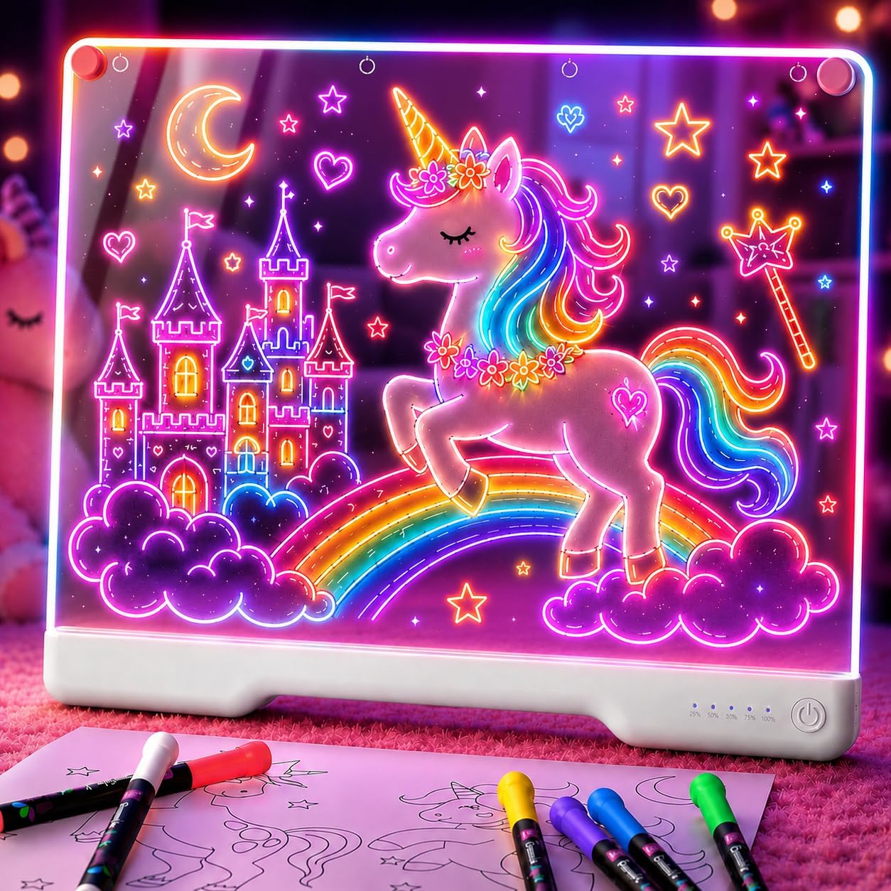 Geokay 16″ Rechargeable LED Drawing Board with 9-Color Light Effects | Birthday & Christmas Gift Idea for Girls/Boys/Kids/Teens, Doodle Neon Glow Pad with Built-in Stand Tracing Book & 7 Markers