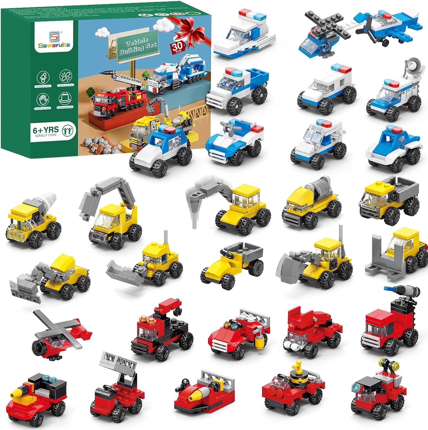 Sawaruita 30-Pack Mini Car Building Blocks Party Favors for Kids | Fire Truck, City Police Car, Construction Vehicle, Birthday Goodies Bag, Easter Filling, Classroom Prizes, Boys 6-12