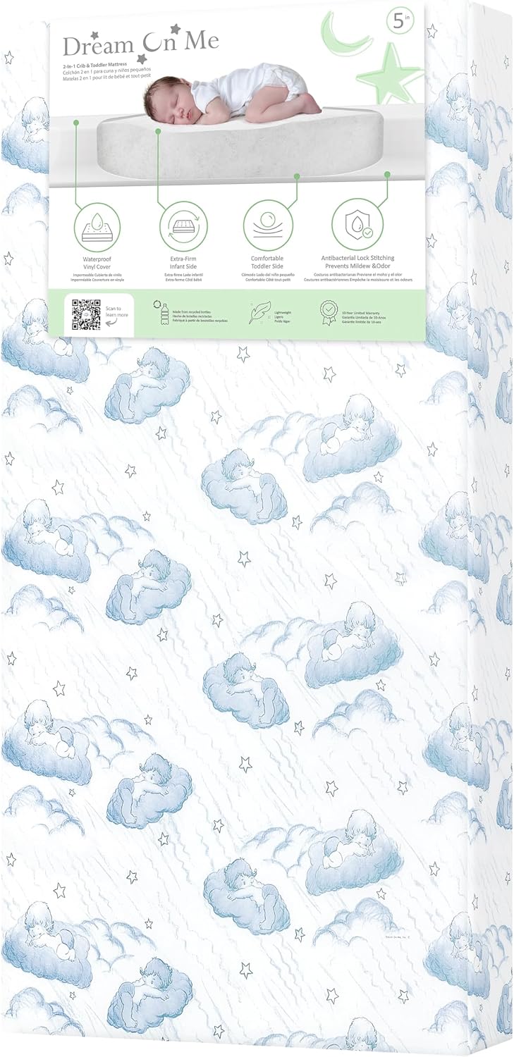 Dream On Me 2-in-1 Cozy Cloud Baby Crib Mattress, GREENGUARD Gold | Made in USA, Dual Sided, BSA Verified, ASTM & CPSC Tested, Fits Full Size Crib and Toddler Bed 52″x28″x5″, Waterproof Cover
