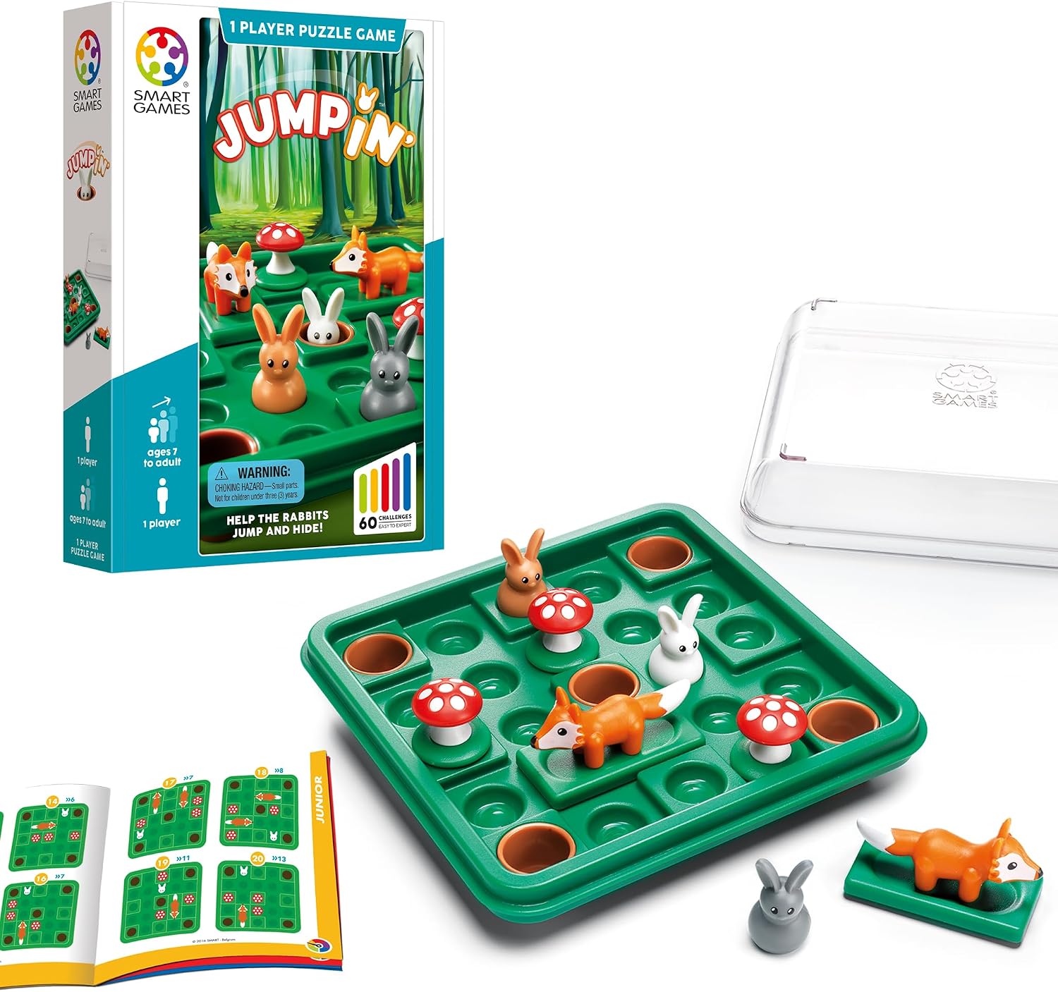 SmartGames Jump in’ Logic Puzzle Game with Rabbits Foxes and Mushrooms 60 Challenges Brain Game STEM Travel Puzzle for Kids Ages 7+