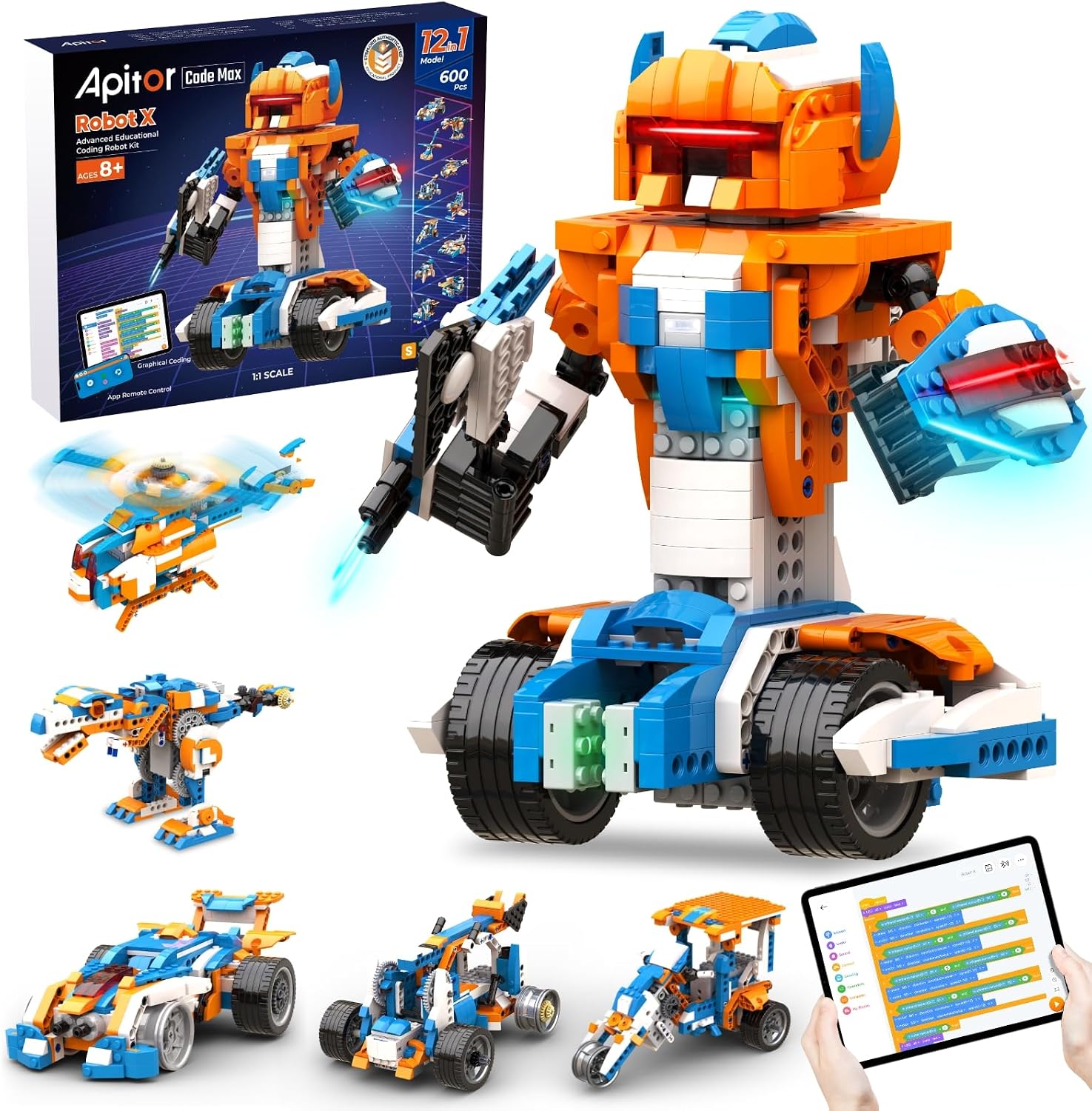 Apitor Robot Building Kit 12-in-1 Coding APP Remote STEM Toy 600 Blocks | Graphical Coding Robotics Set with Color Sensor and High-Speed Motors Educational Birthday Gifts for Boys Age 8-12