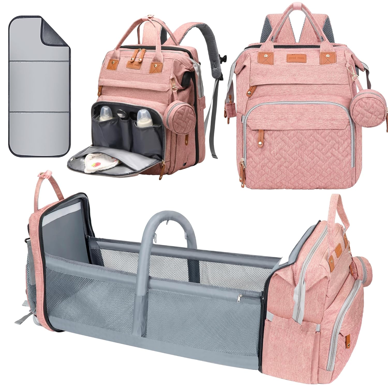 Diaper Bag Backpack with Changing Station, Pink | 900D waterproof fabric with USB port, fold-out pad and insulated pacifier case for travel or daycare