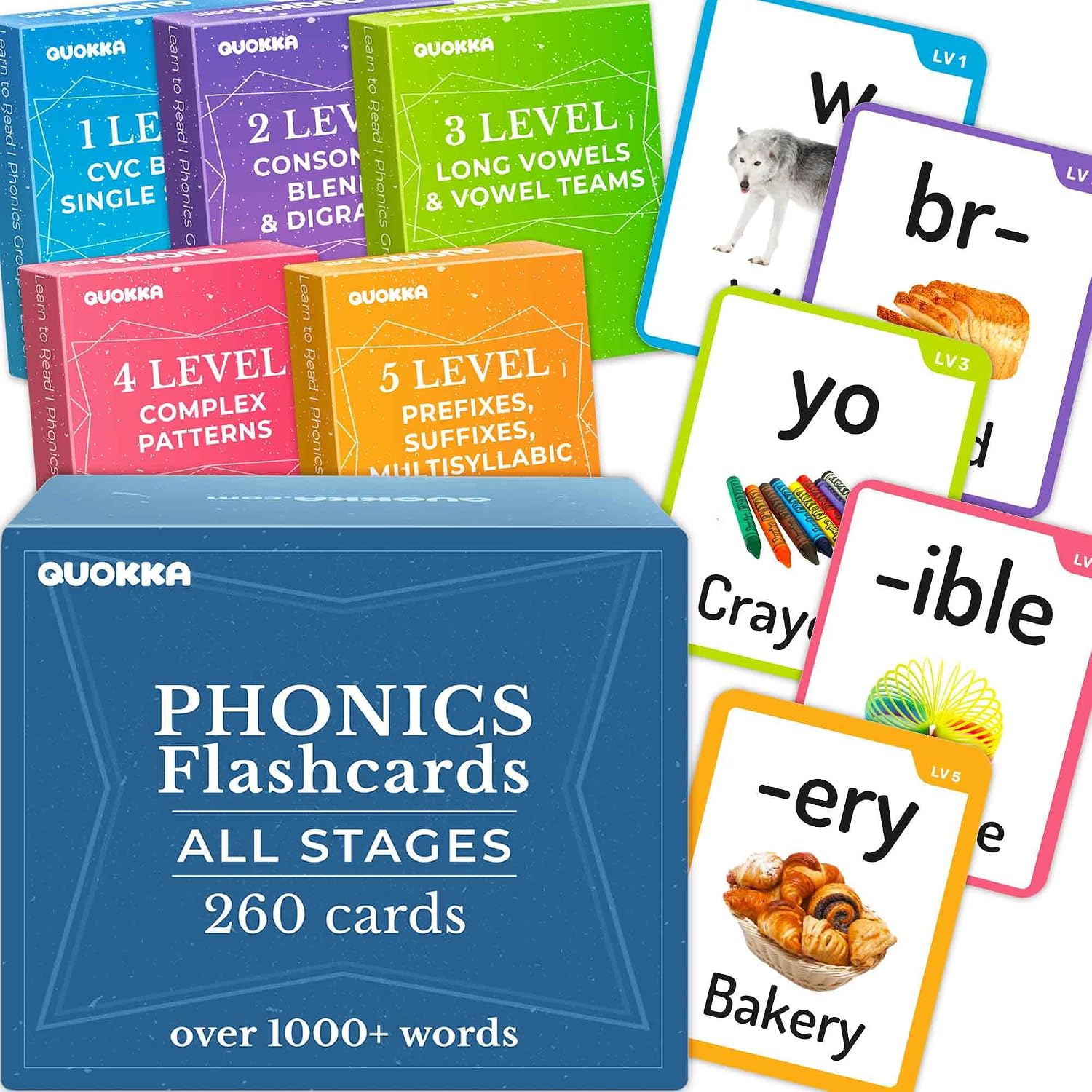 Flash Cards for Toddlers 1-3 — Learning Alphabet Flashcards for Kids 4-8 | 1000+ Phonics Words with 20 Reading Stages — 260 Card Games to Learn to Read, Phonics Manipulatives for Phonemic Awareness