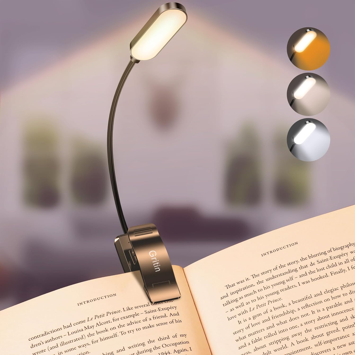 Gritin 16 LED Rechargeable Book Light for Reading in Bed | Eye Caring 3 Color Temperatures,Stepless Dimming Brightness,80 Hrs Runtime,Lightweight Flexible Clip on Light for Book Lovers
