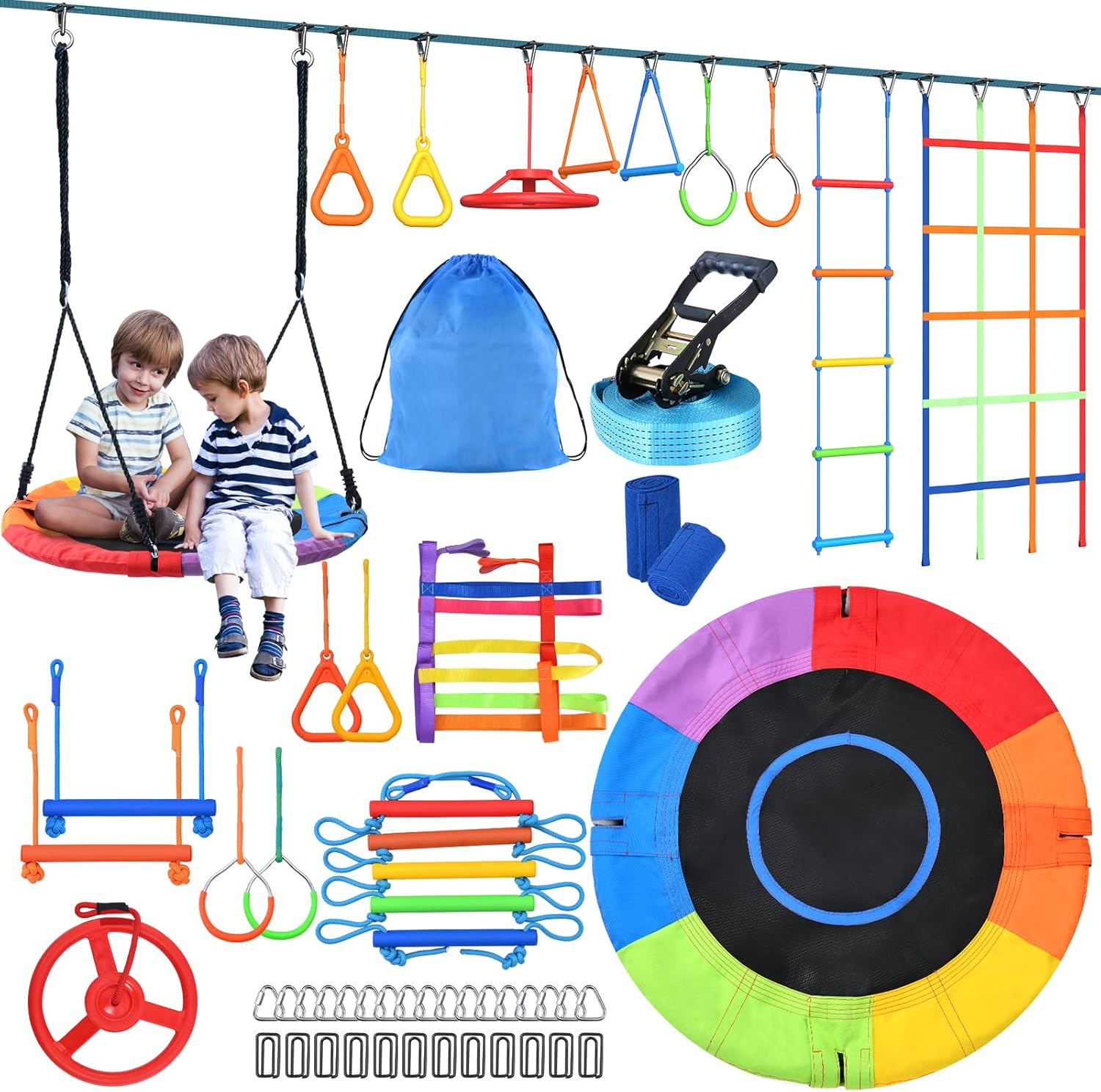 50 ft Ninja Warrior Obstacle Course Swing Set for Kids Outside | Includes 32″ Saucer Tree Swing & Adjustable Obstacles, Outdoor Tree Jungle Gym with Monkey Bars, ASTM Certified Playset
