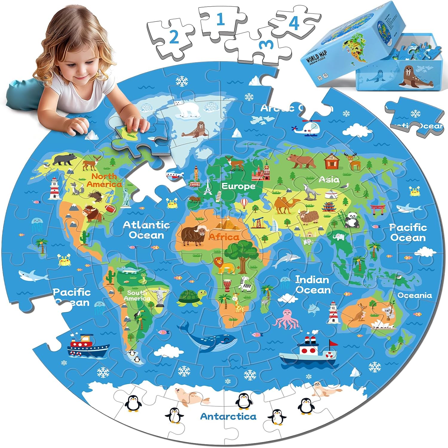 72 Piece World Map Jigsaw Puzzle for Kids 3-5, 4-6 Globe Round Floor Puzzles Geography Educational Birthday Gifts Learning Resource Educational Montessori Toys (World Map)