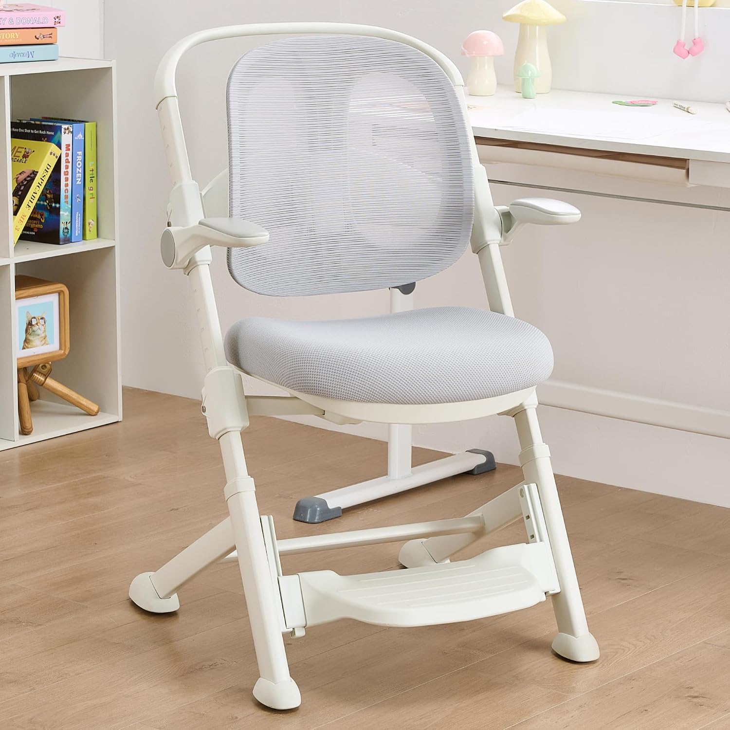 ERIYA Kids Desk Chair,Ergonomic Chair: Breathable Mesh Back(Grey) | Adjustable Seat, Flip-Up Armrests, Footrest, Lumbar | Ideal for Kids, Petite Adults – Ultra-Comfy for Study/Work