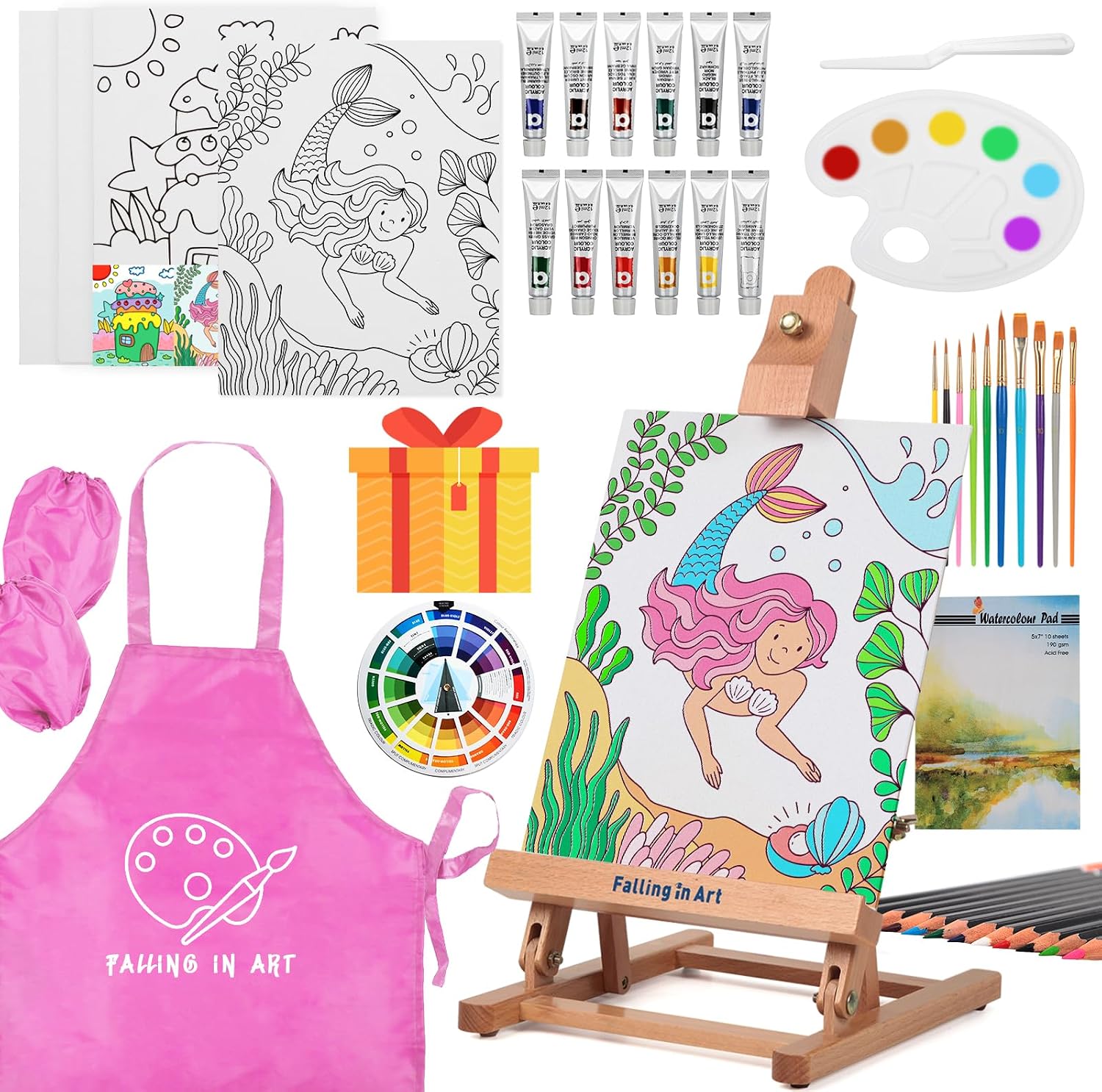 Kids Tabletop Easel Set, Portable Art Easel Painting Kits | 52 Pcs Wooden Easel for Painting Canvases, Including 12 Colors Acrylic Paints, 10 Paintbrushes and 4 Canvas Panels, Pink