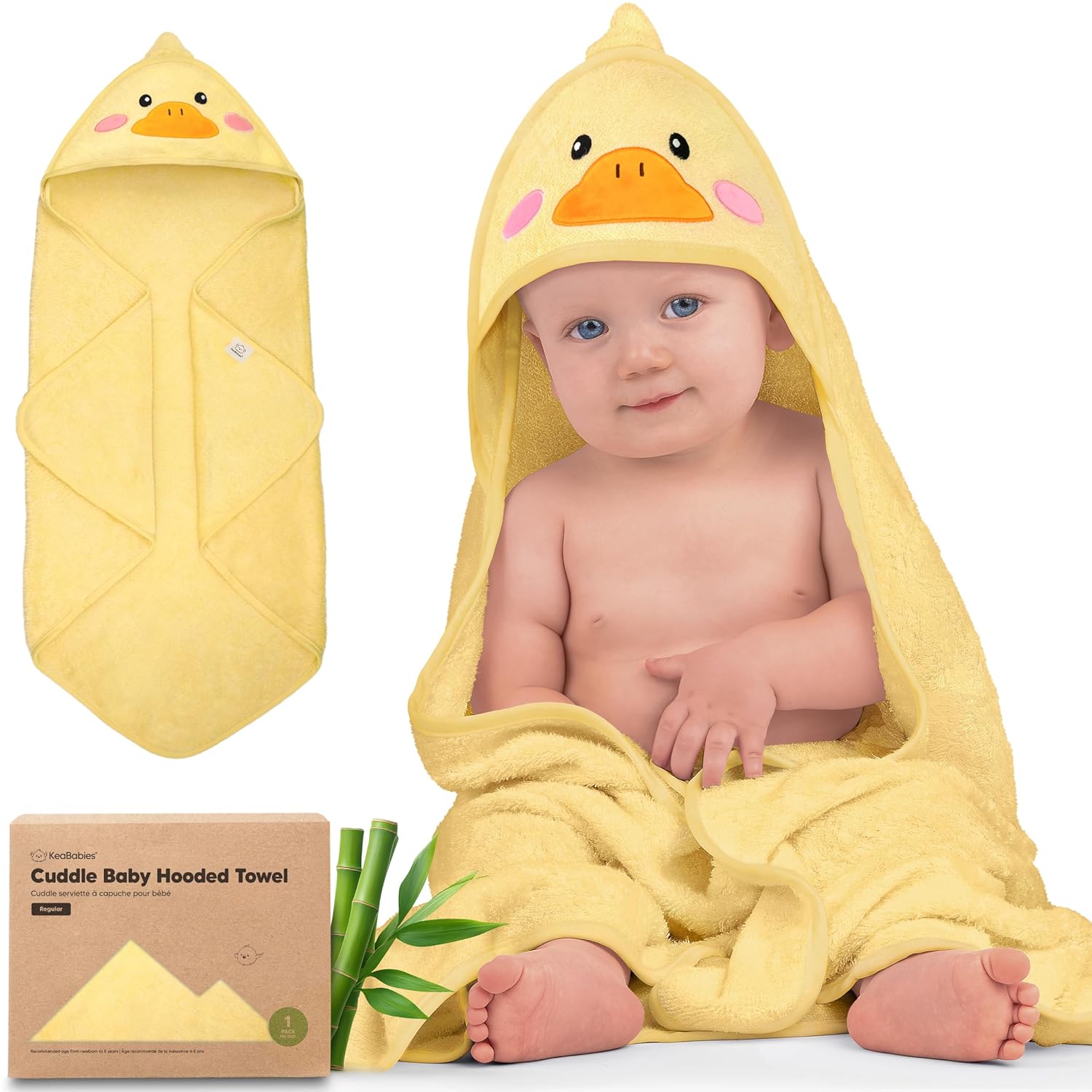 KeaBabies Hooded Baby Towel for Newborn, Baby Bath Towels (Duck, 35×35) | Viscose Derived from Bamboo, Large Baby Towels with Hood, Boys, Girls, Toddler, Soft Absorbent Baby Bath Essentials