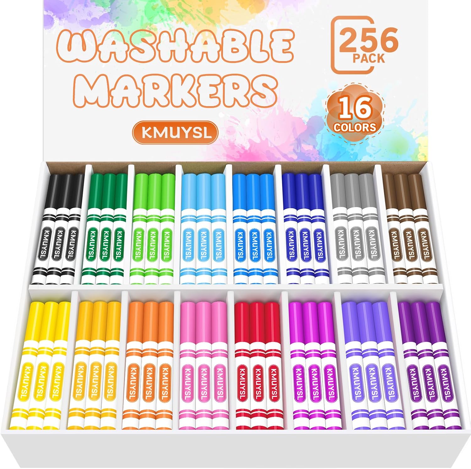 KMUYSL Washable Markers Bulk, 16 Colors, 256 Count | Assorted Colors, Broad Line Conical Tip, School Art Supplies & Back to School Supplies, Teacher Classroom Must Haves