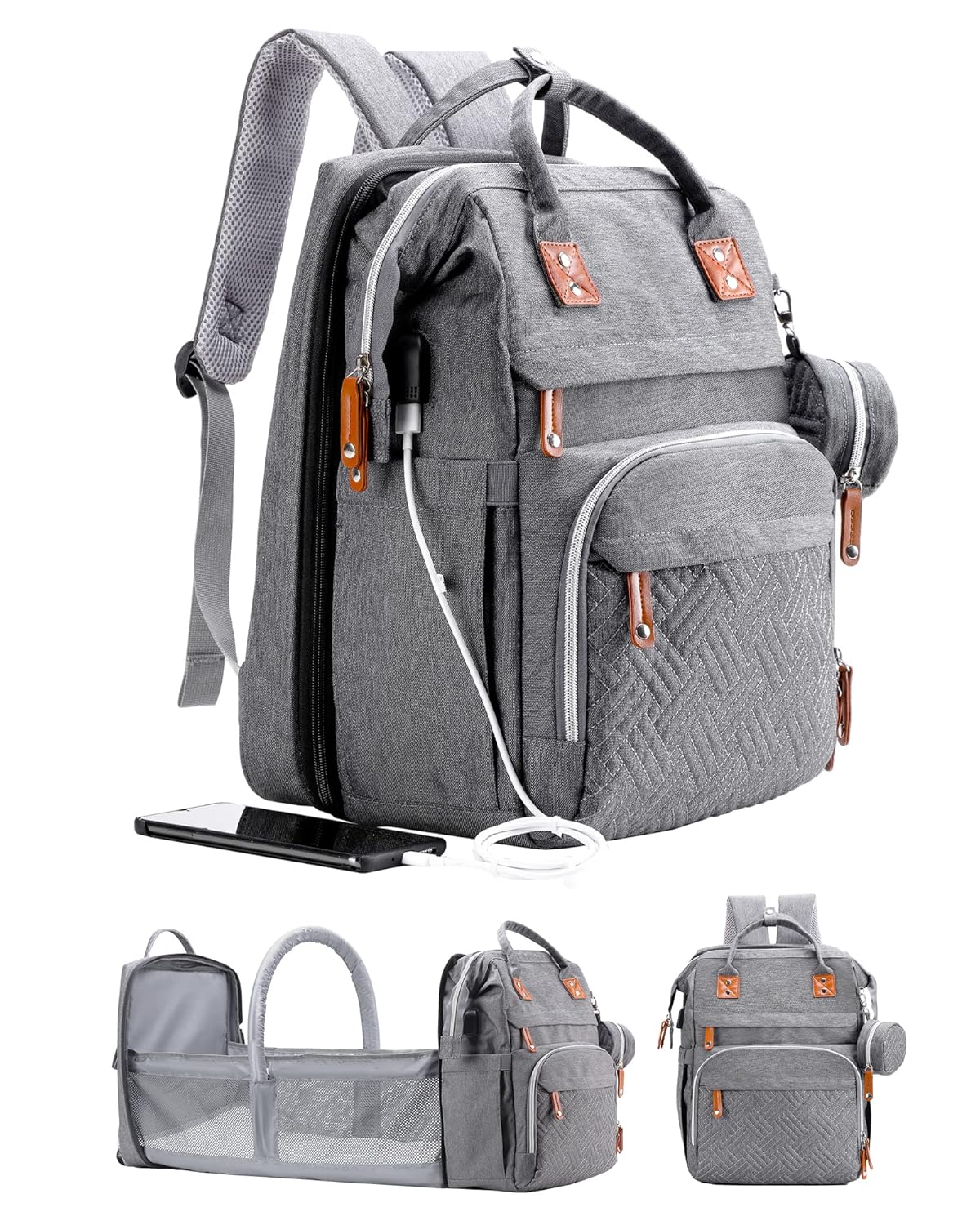 ISMGN Diaper Bag Backpack with Changing Station, Baby Bag for Mom, Grey | Baby Diaper Bag, Large Diaper Bag Backpack, Baby Bags for Boys Girls, Mens Diaper Bag, Diaper Backpack for Women