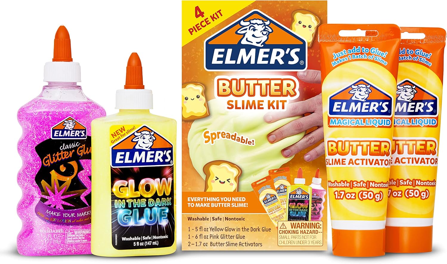 Elmer’s Butter Slime Kit, Includes Glow in the Dark Glue, Glitter Glue, Slime Activator, 4 Count – Kids Activity, Creative Fun, Arts & Crafts