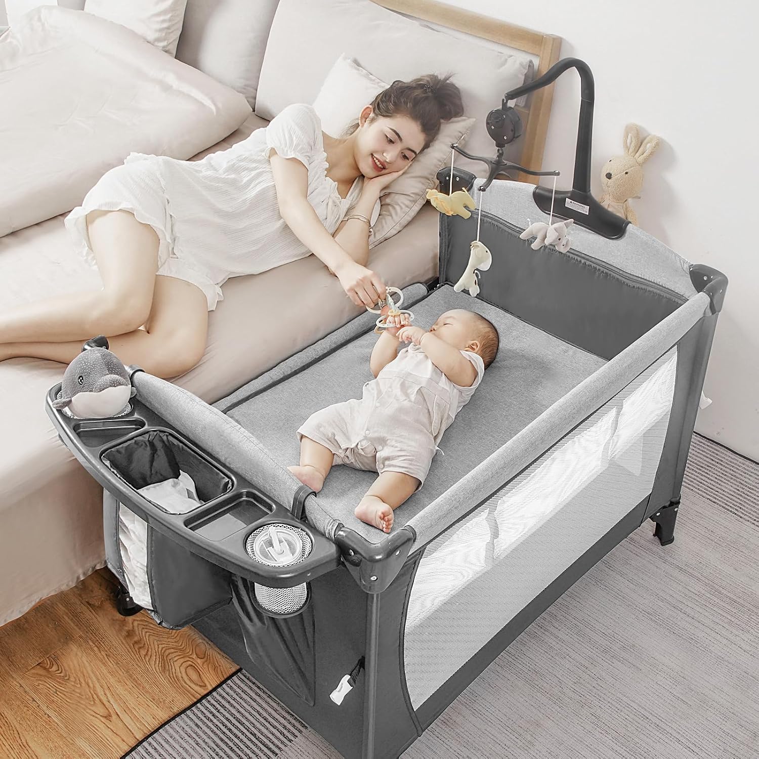 5-in-1 Pack and Play,Baby Bassinet Bedside Sleeper,Grey | Baby Crib with 4 Adjustable Heights,‌Playpen Easy to Install,Portable Playard with Diaper Changer for Newborn,Baby,Toddler