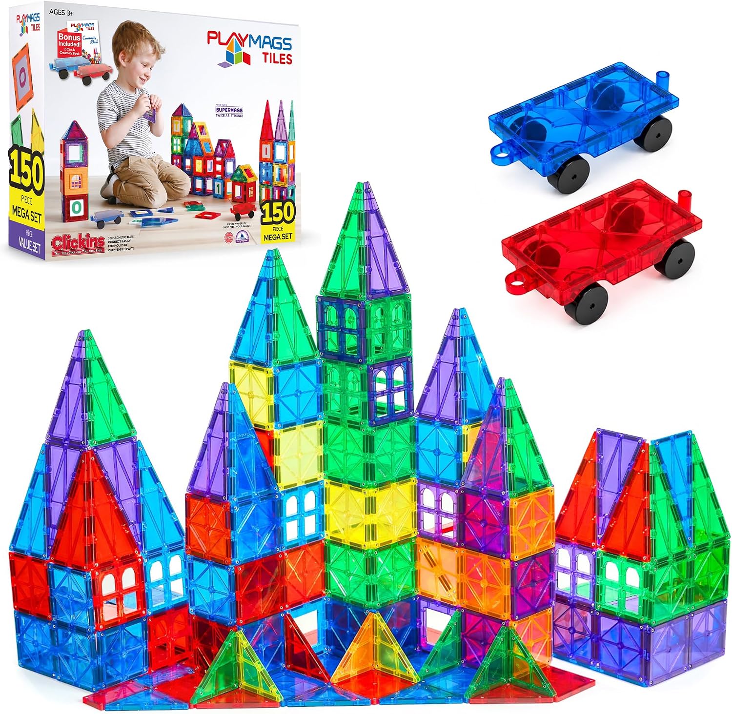Playmags Magnetic Tiles for Kids 150-Piece Set, STEM Educational Building Blocks Toys for Kids, Includes Click-in ABC Learning Tiles, Gift for Boys & Girls, Add on Magnetic Figures, Car Set Available