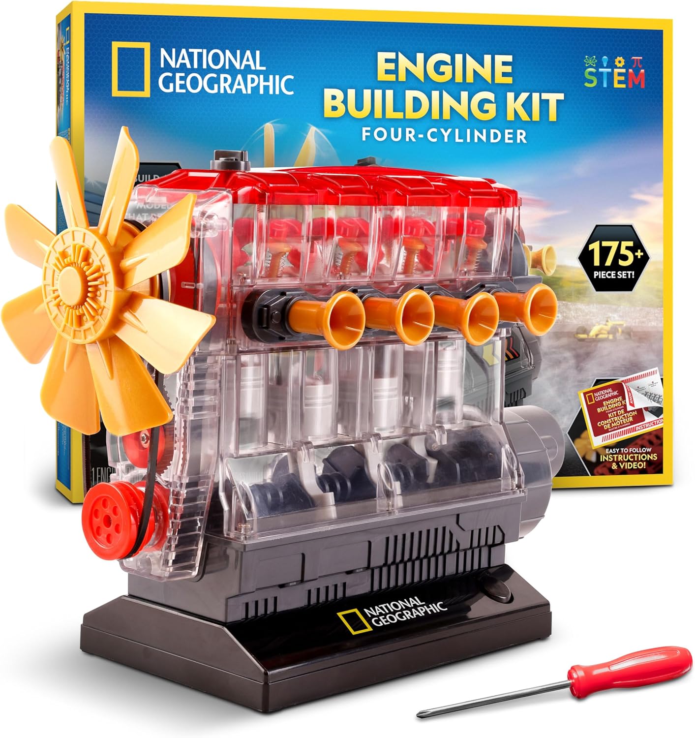 National Geographic 4-Cylinder Engine Building Kit Working Model for Kids | 175+ Pieces, Moving Pistons, Valves and Gears, Clear Engine Model, DIY Engineering Toy, Tools Included, Birthday Gift