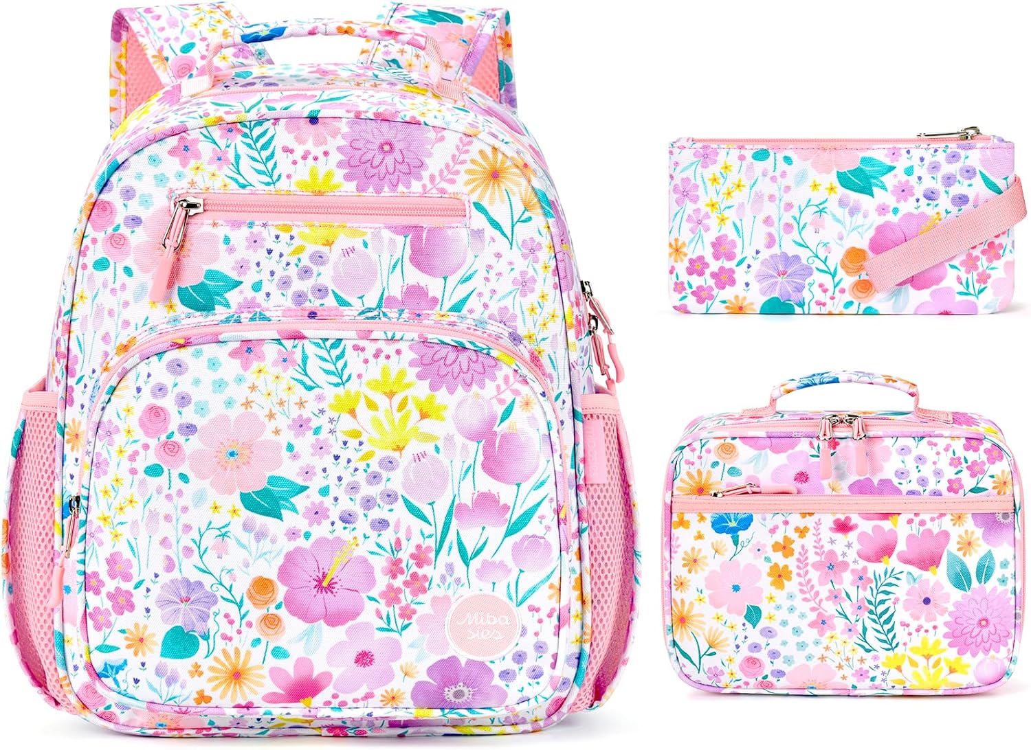 Girls Backpack with Lunch Box: 3PCS Kids Backpack Set for Kindergarten Elementary – 15 IN Cute Bookbag – Flower Pink