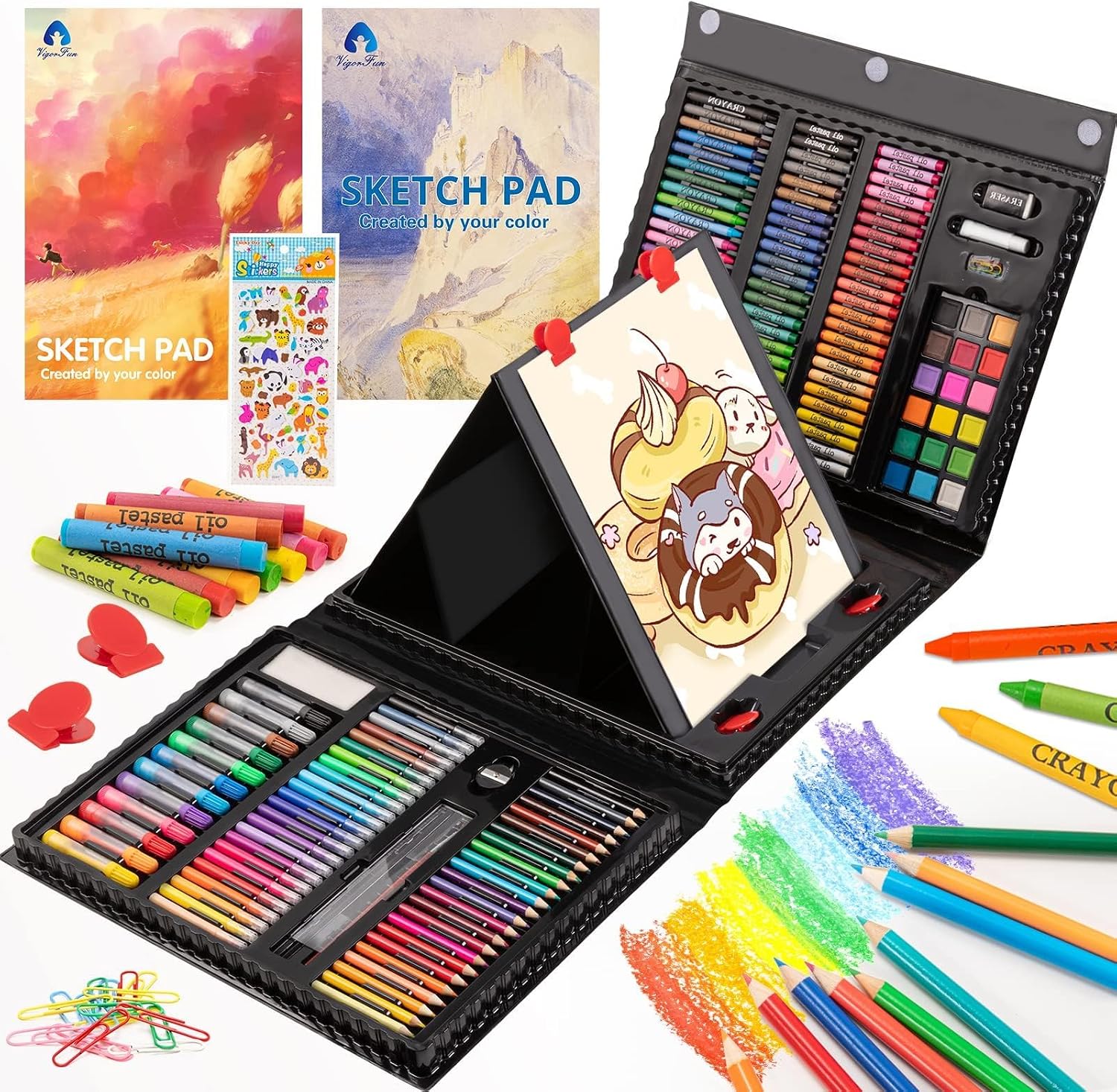 VigorFun Art Supplies 240 PCS, Art Set Crafts Drawing Kits for Kids Teens | with Double Sided Trifold Easel, Sketch Pads, Crayons, Colored Pencils, Gifts for Girls Boys Ages 4-6-8-9-12
