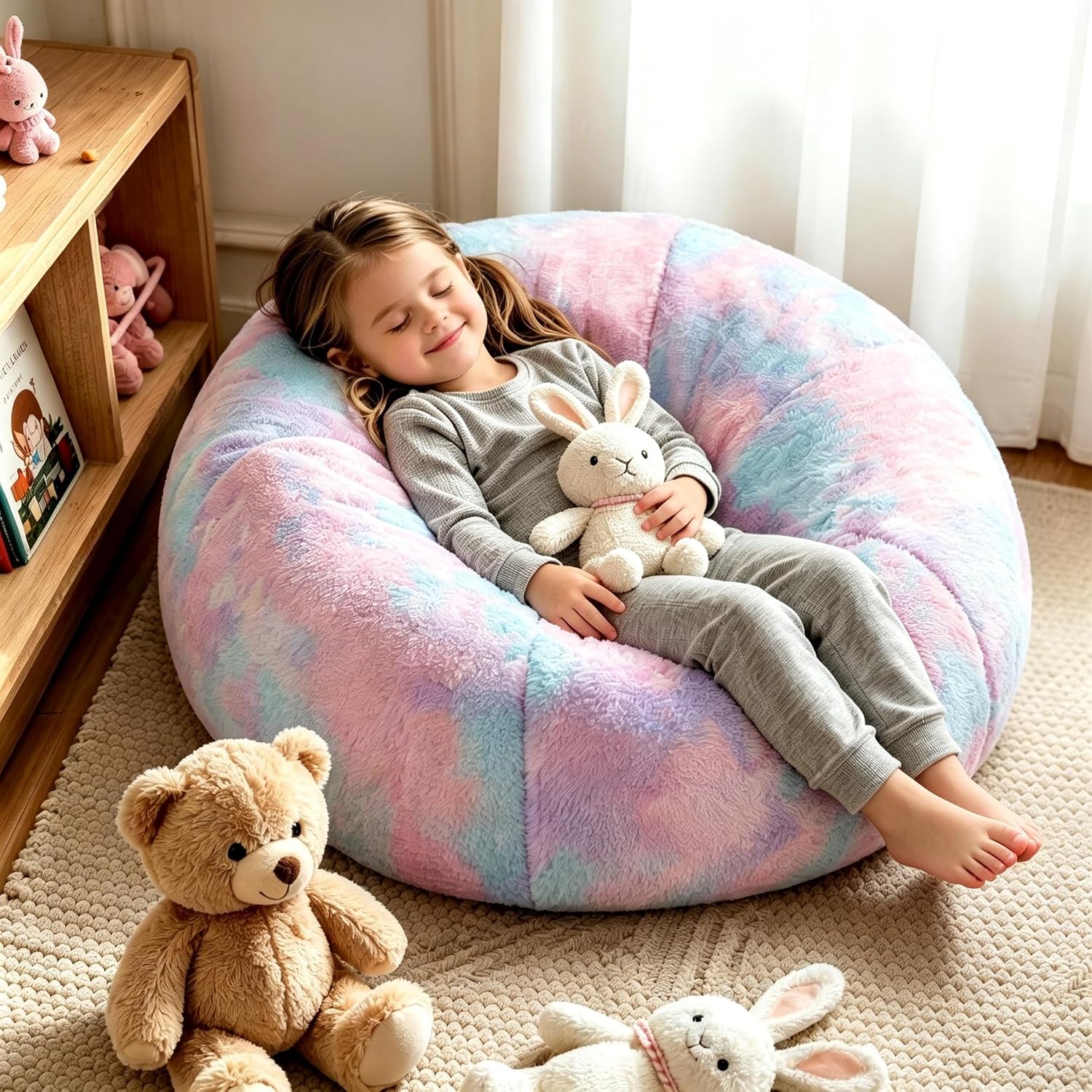 Rainbow Faux Rabbit Fur Memory Foam Bean Bag chair for Kids Teens Bedroom | Memory foam Bean Bag Chairs For Kids, rainbow faux rabbit soft plush, round for kids teens holiday gift