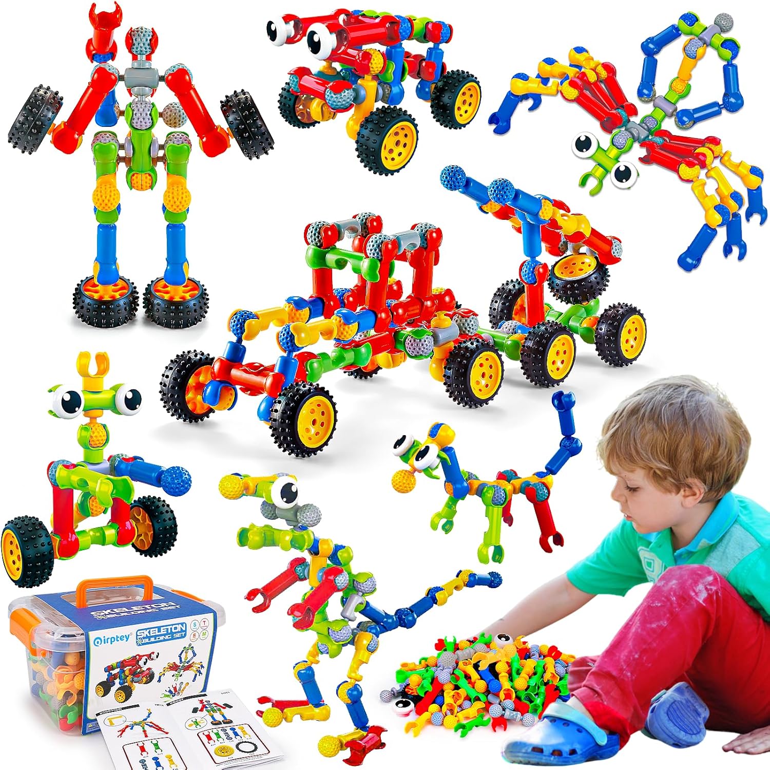Qirptey Kids STEM Building Toys for 3 4 5 6 7 8+ Year Old Boy Birthday Gift | 125 Pcs Preschool Classroom STEM Activities, Portable Storage Box, Educational Engineering Creative Games, Gift for Ages 3+
