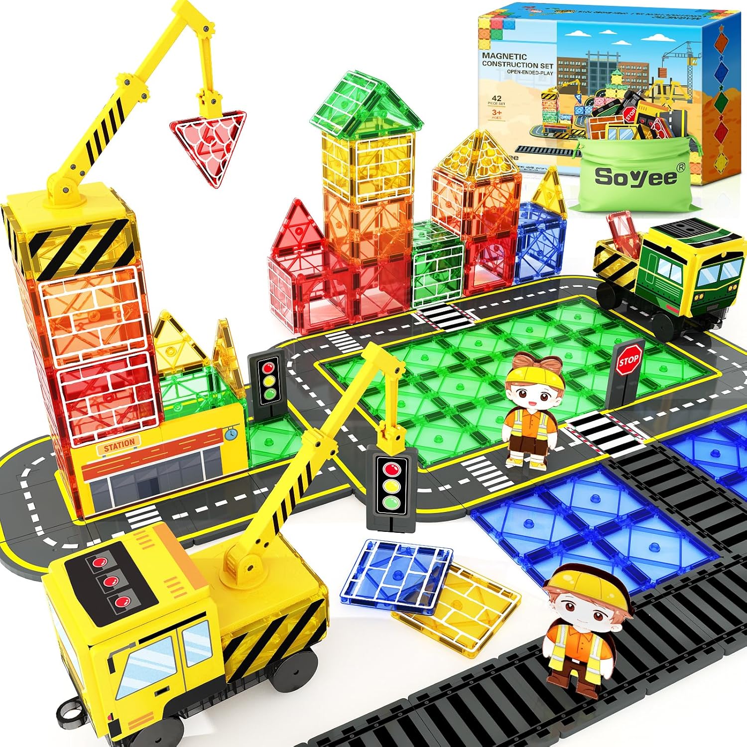 Magnetic Tiles with 2 Cranes, Magnetic Construction Toys STEM Building Toys | 2-in-1 Transportation Magnetic Building Blocks Boys Toys Gifts for Ages 3-12 STEM Learning Toy Develops Creativity