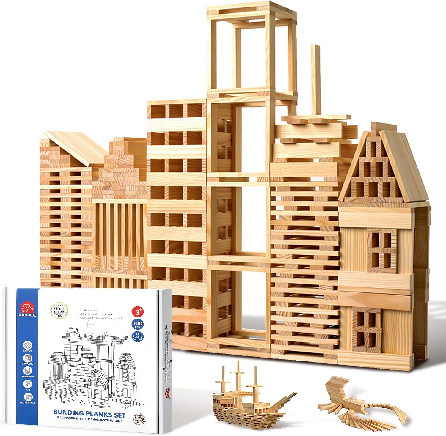 100pcs Classic Wooden Building Blocks Set,Solid STEM Building Toys for Kids, Preschool Learning Montessori Toys for Toddlers, Boys & Girls Birthday Gift (Log Color)