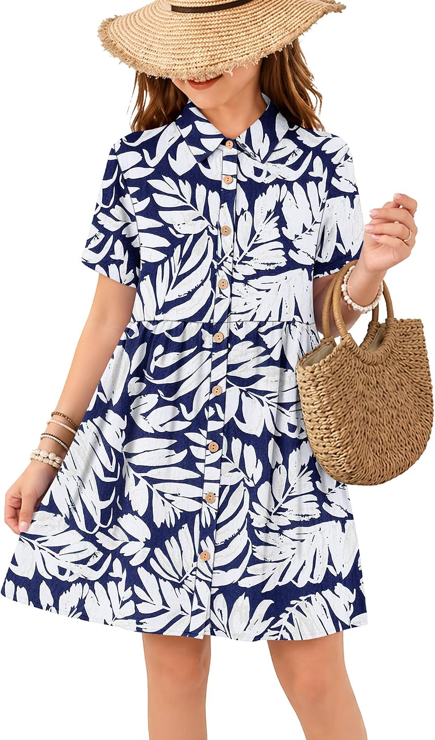 Girl’s Summer Loose Button Down Babydoll Mini Dress with Pockets 2026 | Short sleeve collared shirt dress, loose fit, side pockets. Soft wrinkled fabric, versatile casual mini sundress for kids