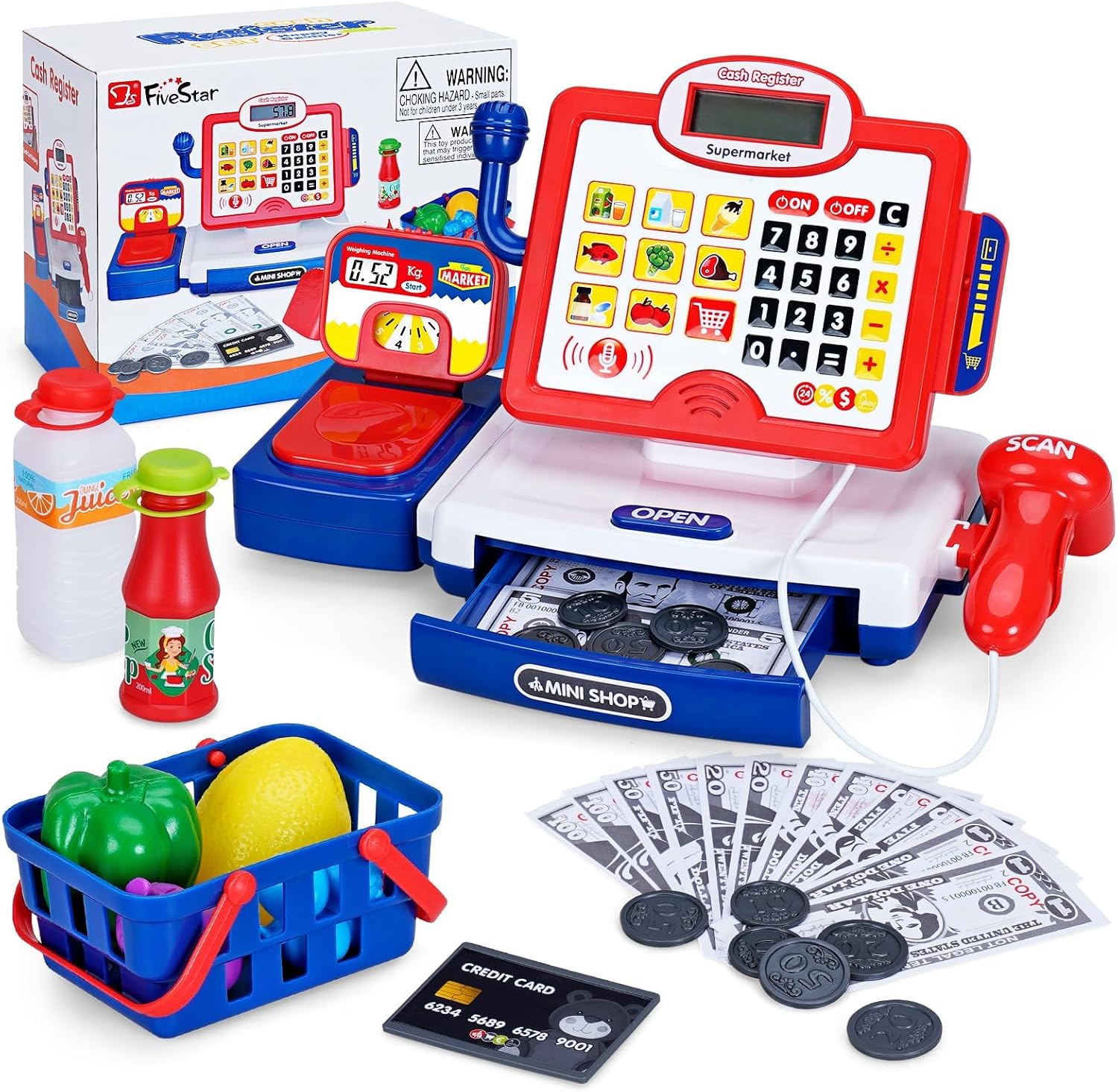 Cash Register Toy for Kids with LCD Display, Scanner & Shopping Basket | Kids Cashier Register, Working Calculator, Microphone, Play Money, Credit Card Reader, Groceries, Basket