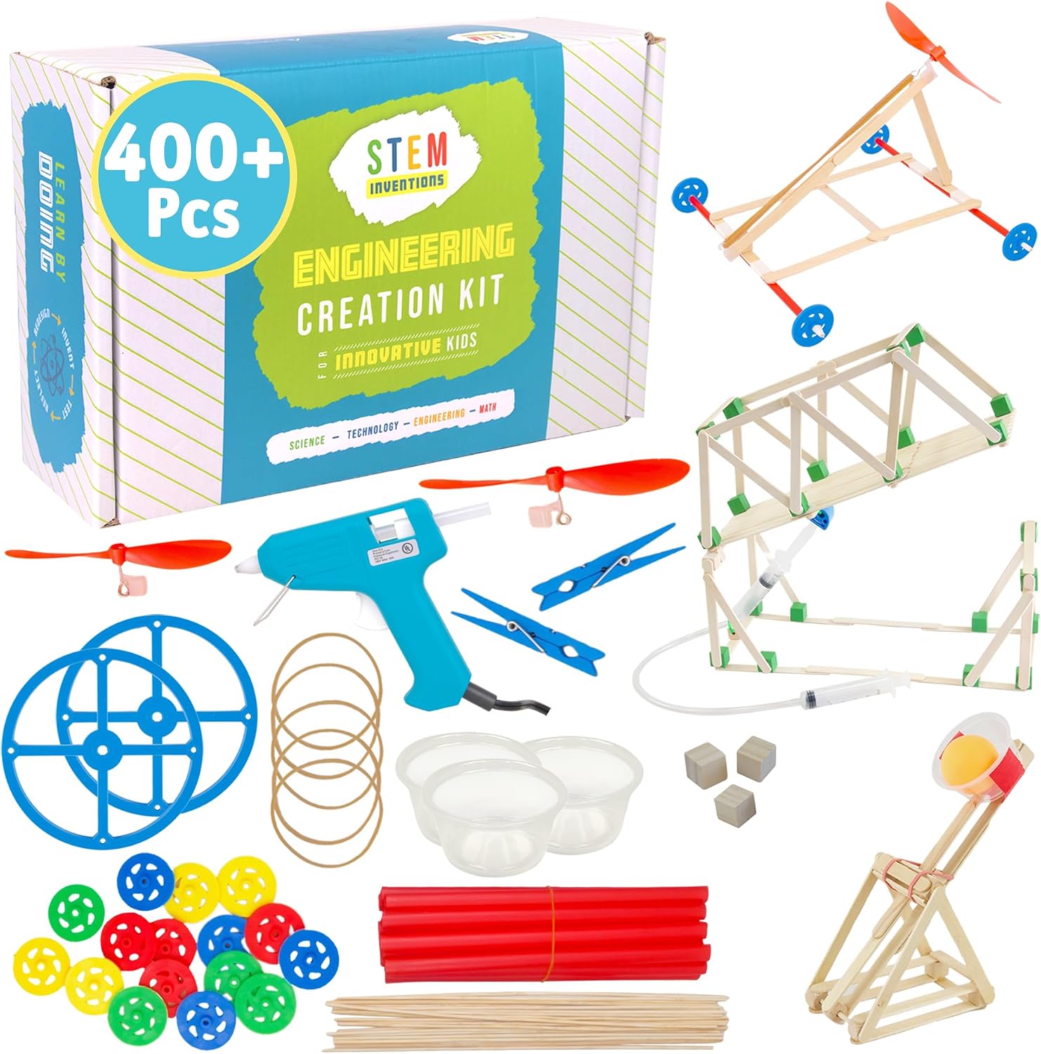 STEM Craft Kit – 25 Engineering Projects, 400+ Components, Ages 8+ | Materials and a safe-tip glue gun for engineering builds, plus a digital library of project ideas