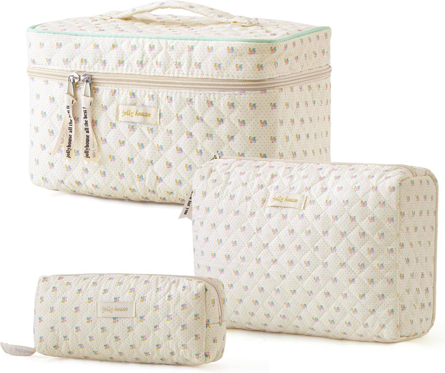 HBselect Quilted Makeup Bag, 3Pcs Cotton Large Travel Makeup Bags Organizer | Cute Floral Make up Bag Cosmetic Bag Toiletry Bag for Women Girls, Makeup Pouch for Skincare, Brushes & Travel Essentials