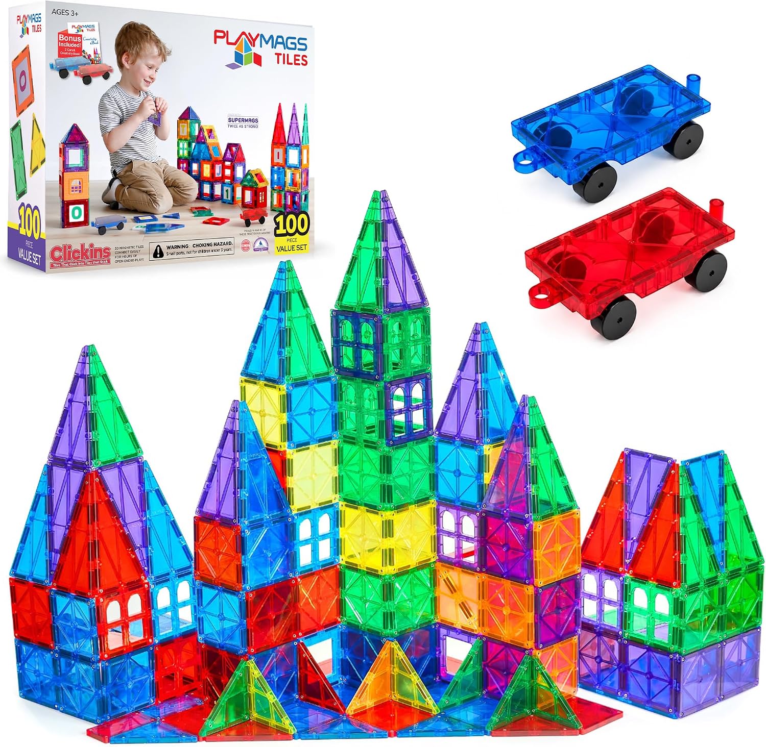 Playmags Magnetic Tiles for Kids 100-Piece Set, STEM Educational Building Blocks Toys for Kids, Includes Click-in ABC Learning Tiles, Gift for Boys & Girls, Add on Magnetic Figures, Car Set Available