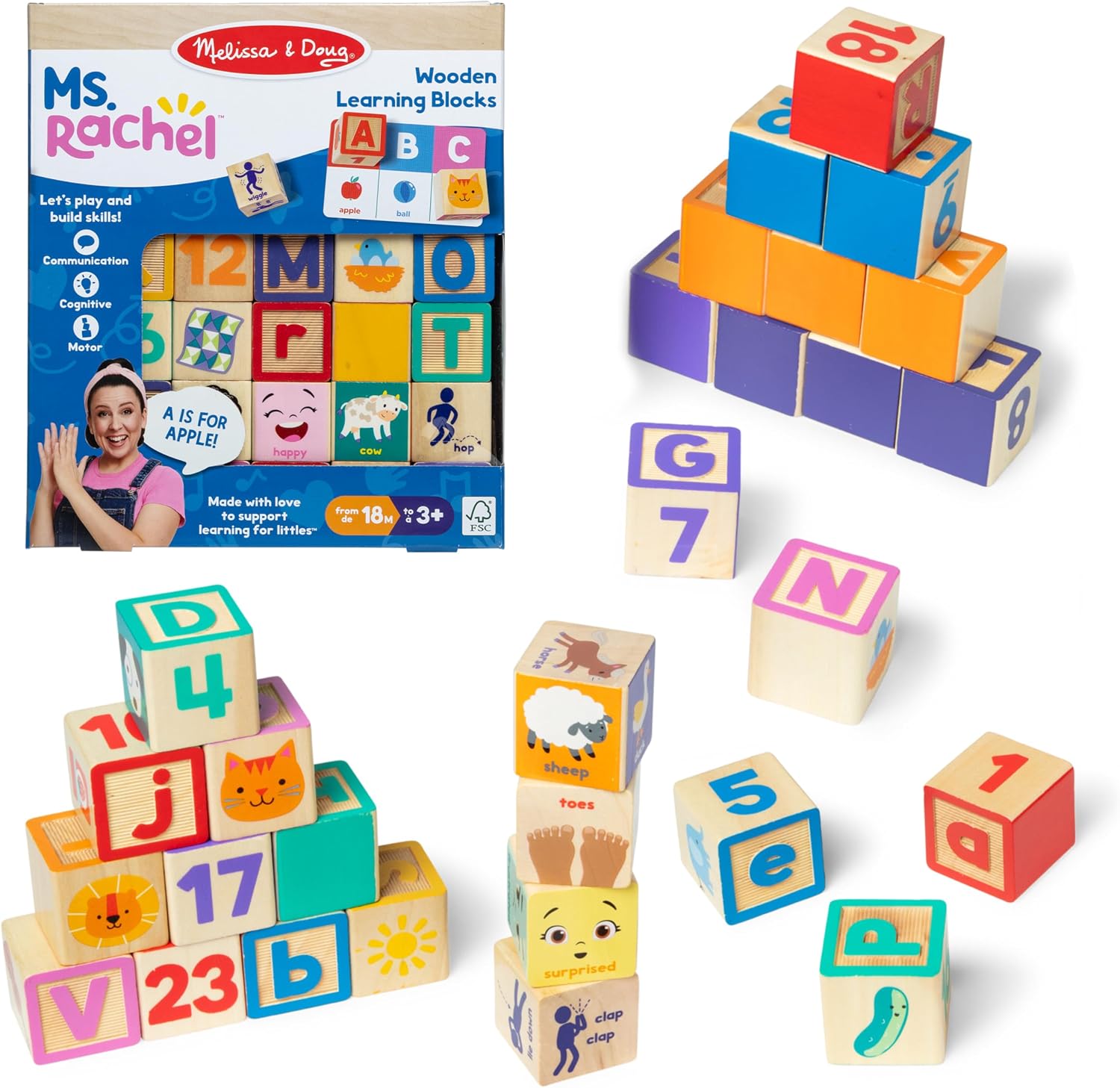 Melissa & Doug Ms. Rachel Letter, Number, and Game Wooden Learning Blocks with Activity Cards for Girls and Boys Toddlers Ages 18 Months+ – FSC Certified