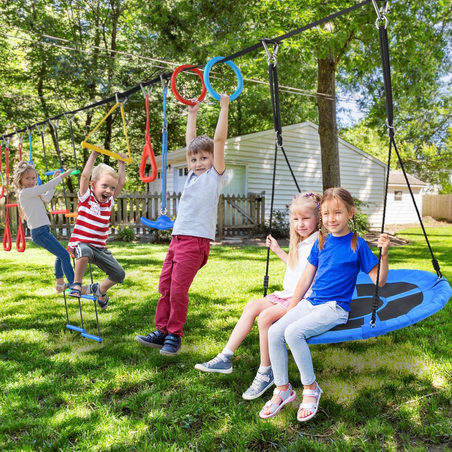 65 ft Ninja Warrior Obstacle Course for Kids with Saucer Tree Swing | Slackline Swing Set, Long Ninja Obstacle Course for Backyard Outside with 11 Accessories, Supports 880 lbs