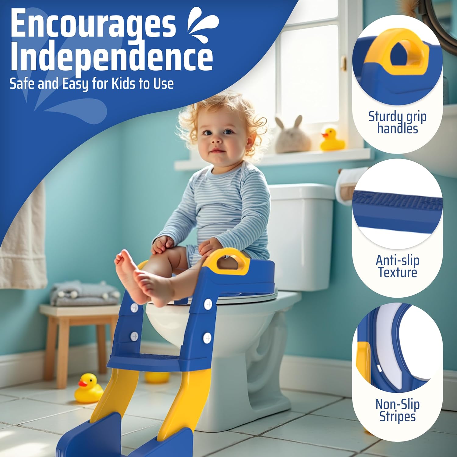 3-in-1 Toddler Potty Training Toilet with Ladder & PU Cushion, Easy Assembly, Potty Training Seat, Anti-slip Foldable Toddler Toilet Seat with Adjustable Step Stool For Kids Boys And Girls (Blue)