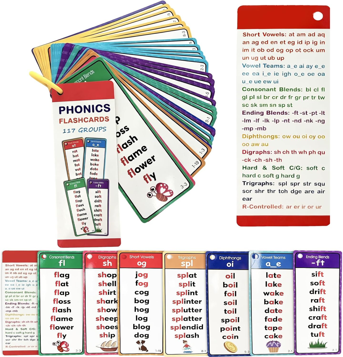 Phonics Word Cards, 117 Sound Groups 900+ Words, 60 Double-Sided Phonics Flash Cards, Learn to Read Phonics Flash Cards, Educational Flash Cards for Sight Word Games, Home、School Learning