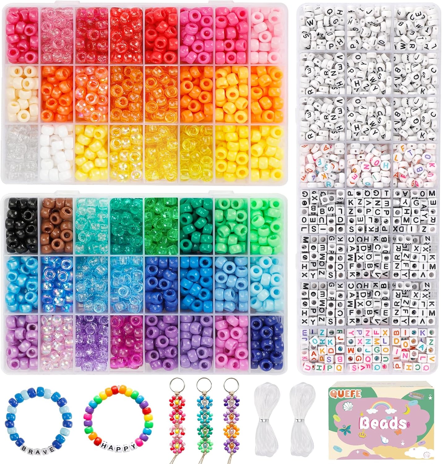 Quefe 48 Colors 4000pcs Pony Beads Bracelet Making Kit with Letter Beads | 2400 Plastic Rainbow Beads & 1600 Letter Beads, Kandi Set, Friendship Bracelets, Keychains, Jewelry Necklace Making Supplies
