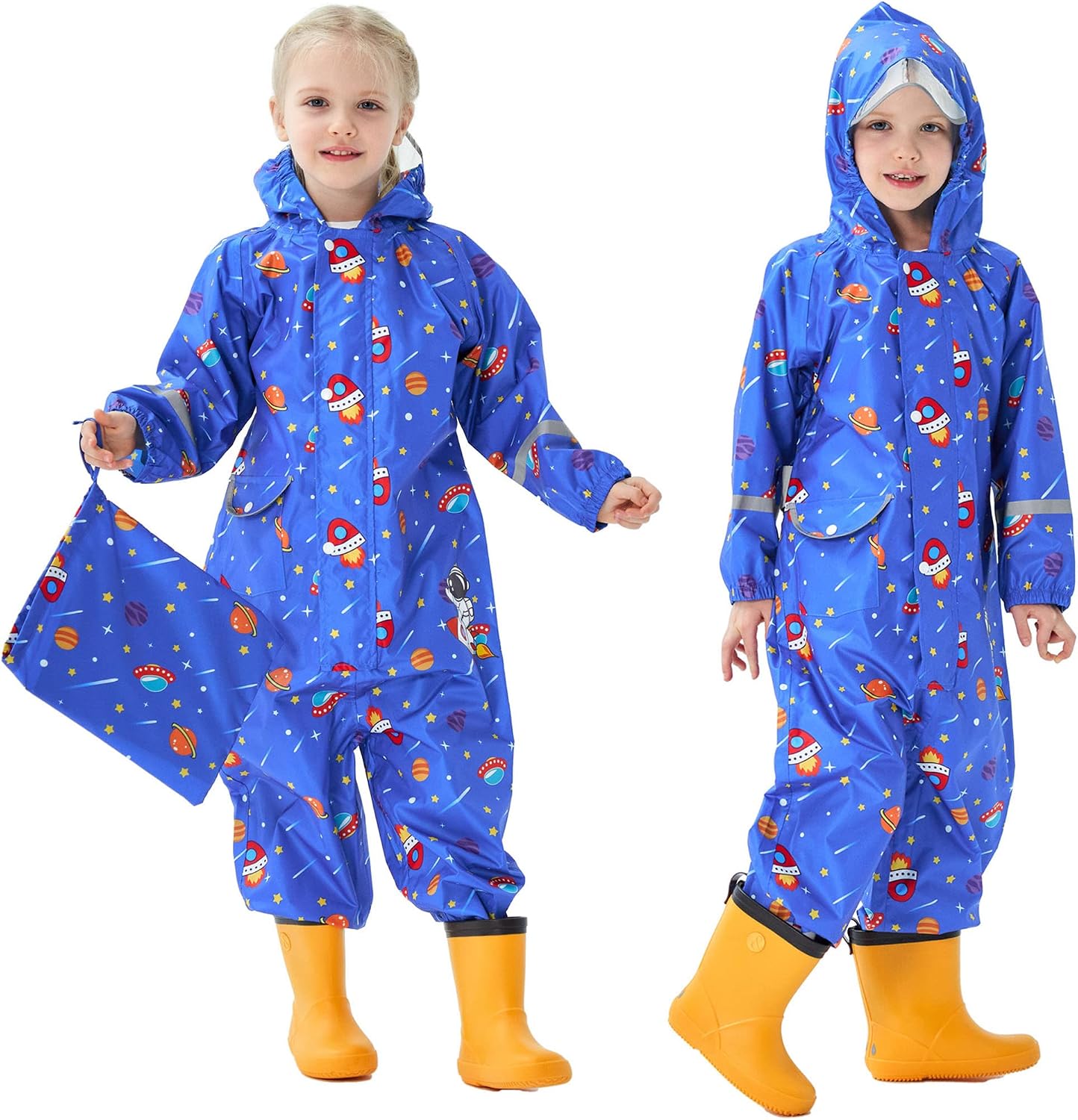 Fewlby Kids Toddler Rain Suit for Boys Girls One Piece Hoodie Zipper Cartoon Waterproof Coverall Rain Jacket 1-10 Years