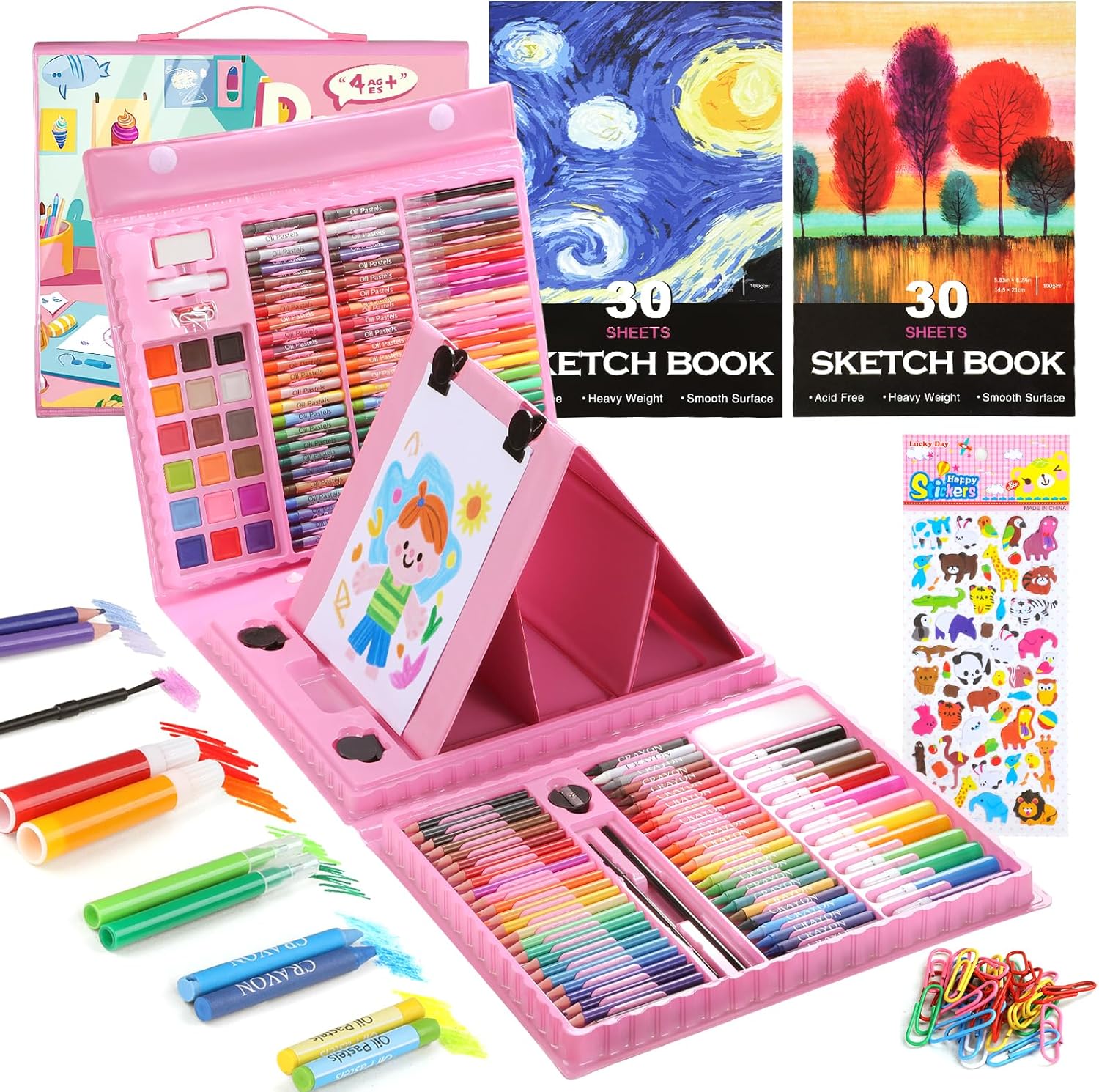 TMOL 237-Piece Kids Art Set with Double-Sided Easel, Watercolor, Oil Pastels, Painting Kits for Kids Ages 4-8, Art Supplies for Girls & Boys, Drawing Sets, Gift for Young Artists-Pink